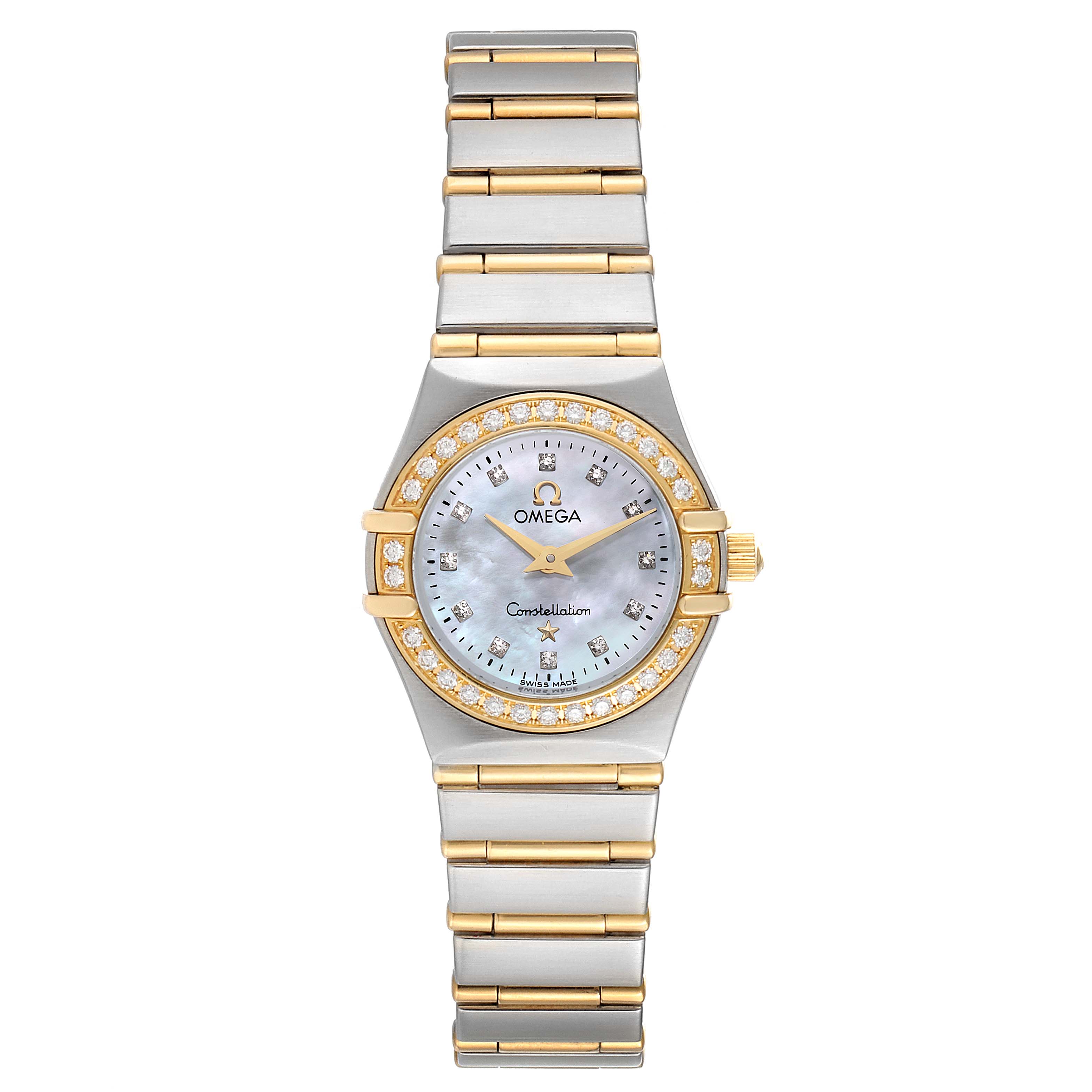 The image shows a frontal view of an Omega 1267.75.00 Women
s Steel and Gold (two tone) Mother of Pearl Dial 1267.75.00 Women
s Steel and Gold (two tone) Mother of Pearl Dial Constellation 95 Mother of Pearl Diamond Watch 1267.75.00, displaying its face and band.