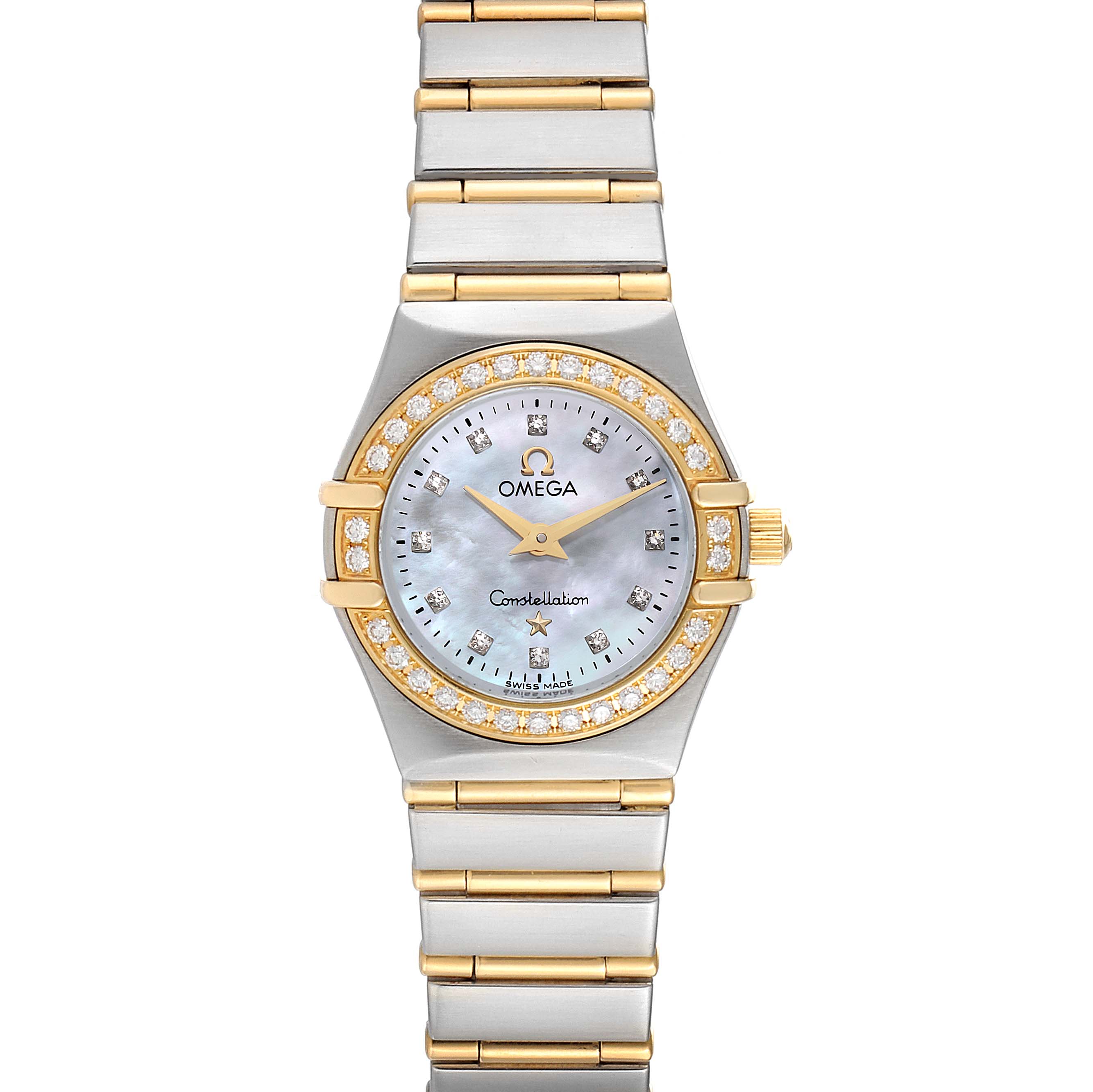 This image shows a front view of the Omega 1267.75.00 Women
s Steel and Gold (two tone) Mother of Pearl Dial 1267.75.00 Women
s Steel and Gold (two tone) Mother of Pearl Dial Constellation 95 Mother of Pearl Diamond Watch 1267.75.00 with its gold and silver band.