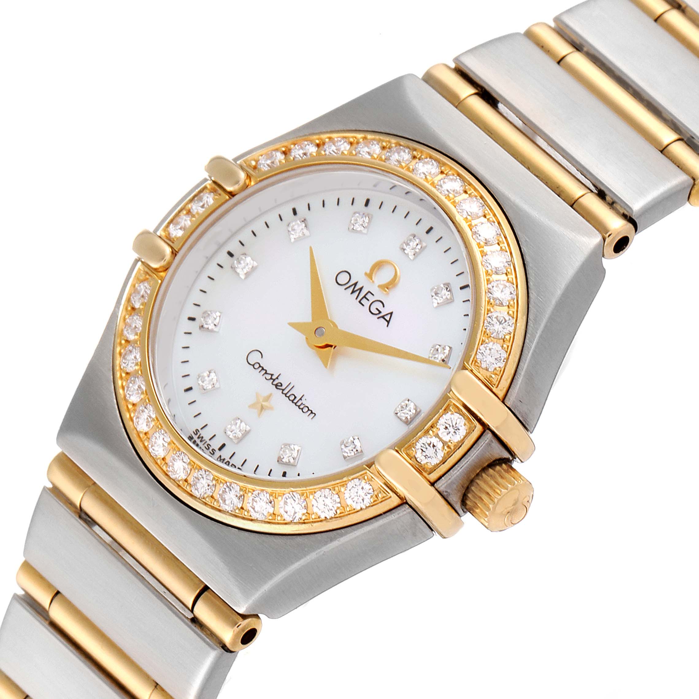 This image shows an angled close-up of the Omega 1267.75.00 Women
s Steel and Gold (two tone) Mother of Pearl Dial 1267.75.00 Women
s Steel and Gold (two tone) Mother of Pearl Dial Constellation 95 Mother of Pearl Diamond Watch 1267.75.00, highlighting the bezel, dial, and part of the bracelet.