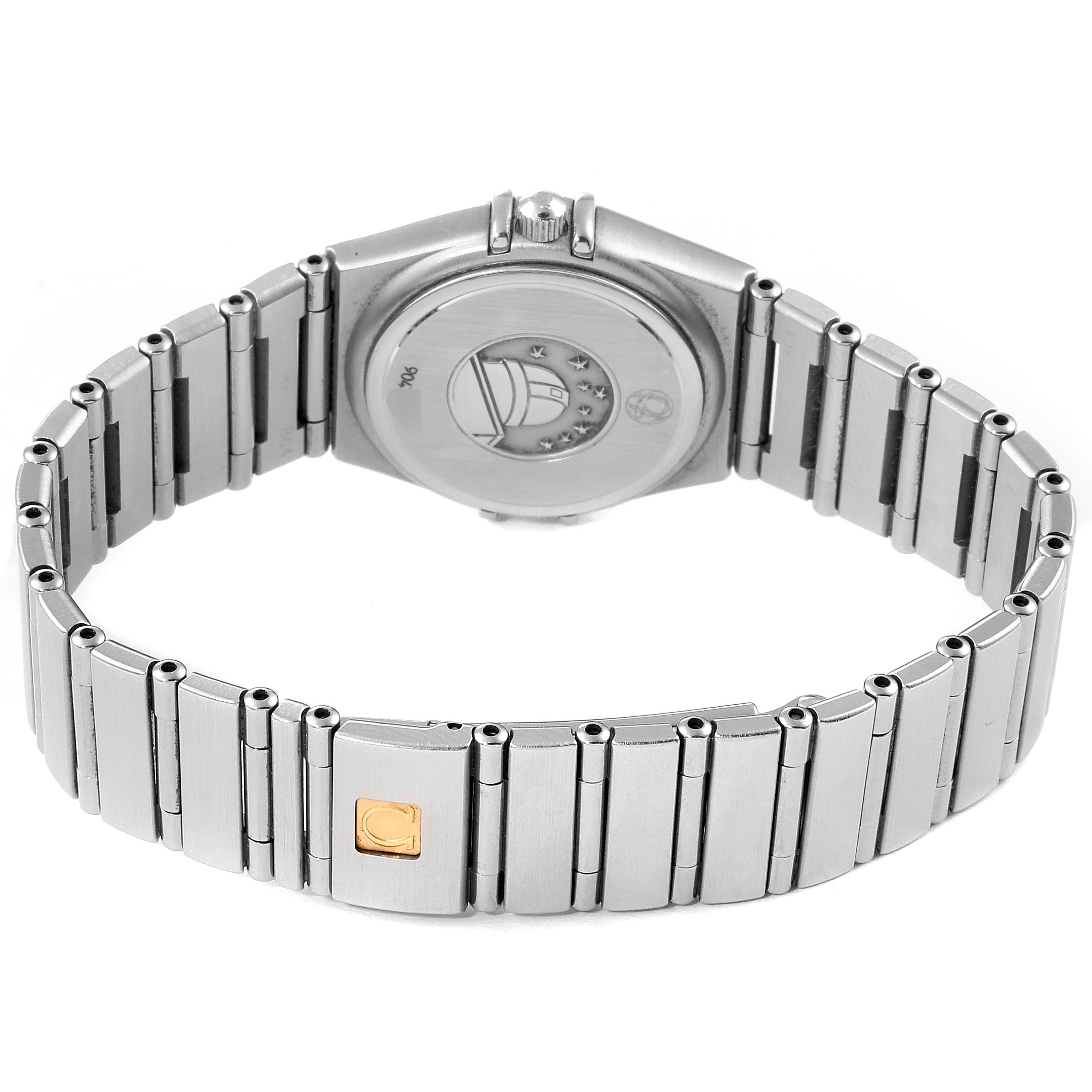 The image shows the back and strap of the Omega 1476.79.00 Women
s Stainless Steel Mother of Pearl Dial 1476.79.00 Women
s Stainless Steel Mother of Pearl Dial Constellation Iris My Choice Steel Multi Stone Watch 1476.79.00.