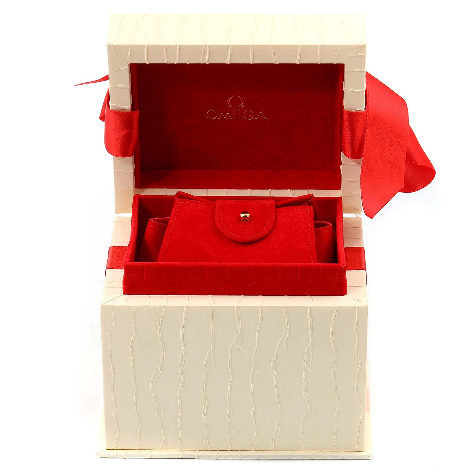 The image shows the packaging, box, and interior case of the Omega 1476.79.00 Women
s Stainless Steel Mother of Pearl Dial 1476.79.00 Women
s Stainless Steel Mother of Pearl Dial Constellation Iris My Choice Steel Multi Stone Watch 1476.79.00.