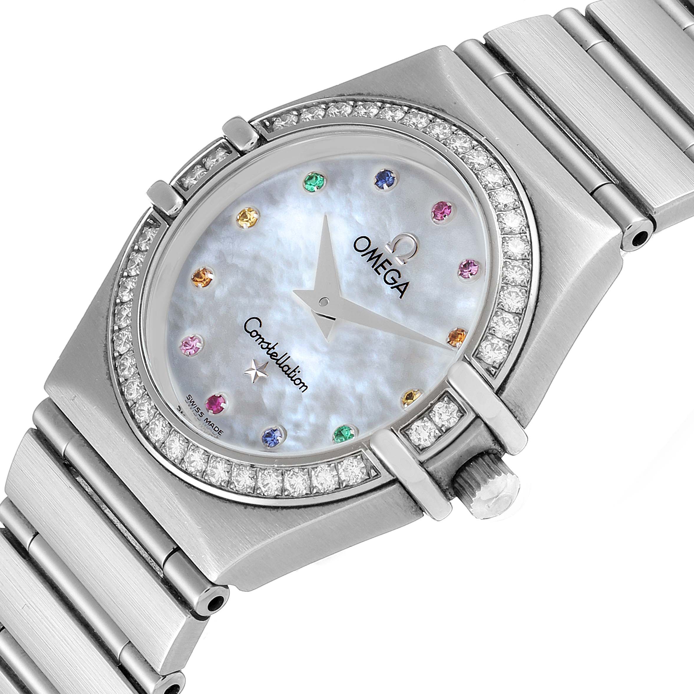 The Omega 1476.79.00 Women
s Stainless Steel Mother of Pearl Dial 1476.79.00 Women
s Stainless Steel Mother of Pearl Dial Constellation Iris My Choice Steel Multi Stone Watch 1476.79.00 is shown from a front angle, highlighting the dial and bezel.