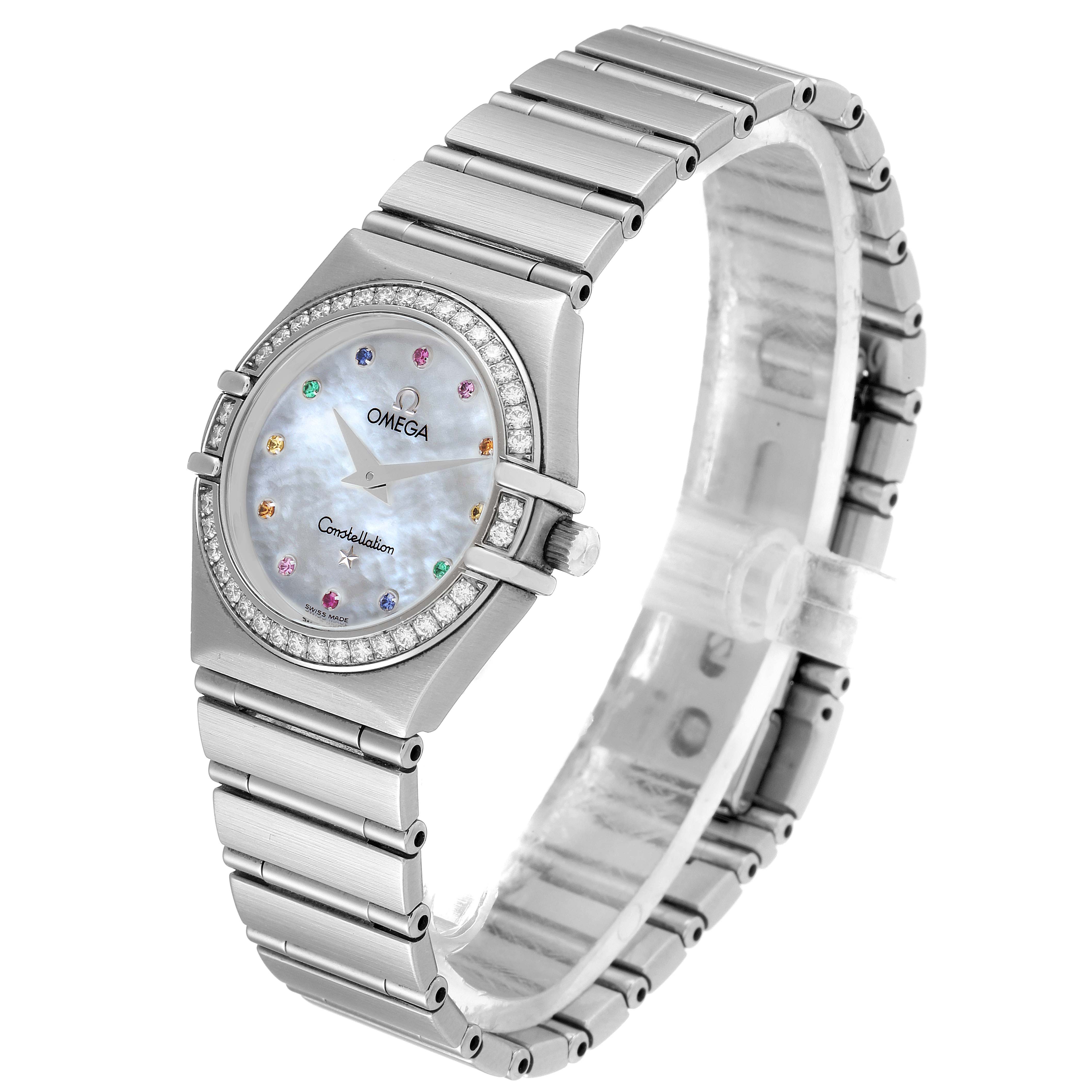 The Omega 1476.79.00 Women
s Stainless Steel Mother of Pearl Dial 1476.79.00 Women
s Stainless Steel Mother of Pearl Dial Constellation Iris My Choice Steel Multi Stone Watch 1476.79.00 is shown at a three-quarter angle displaying the face and bracelet.