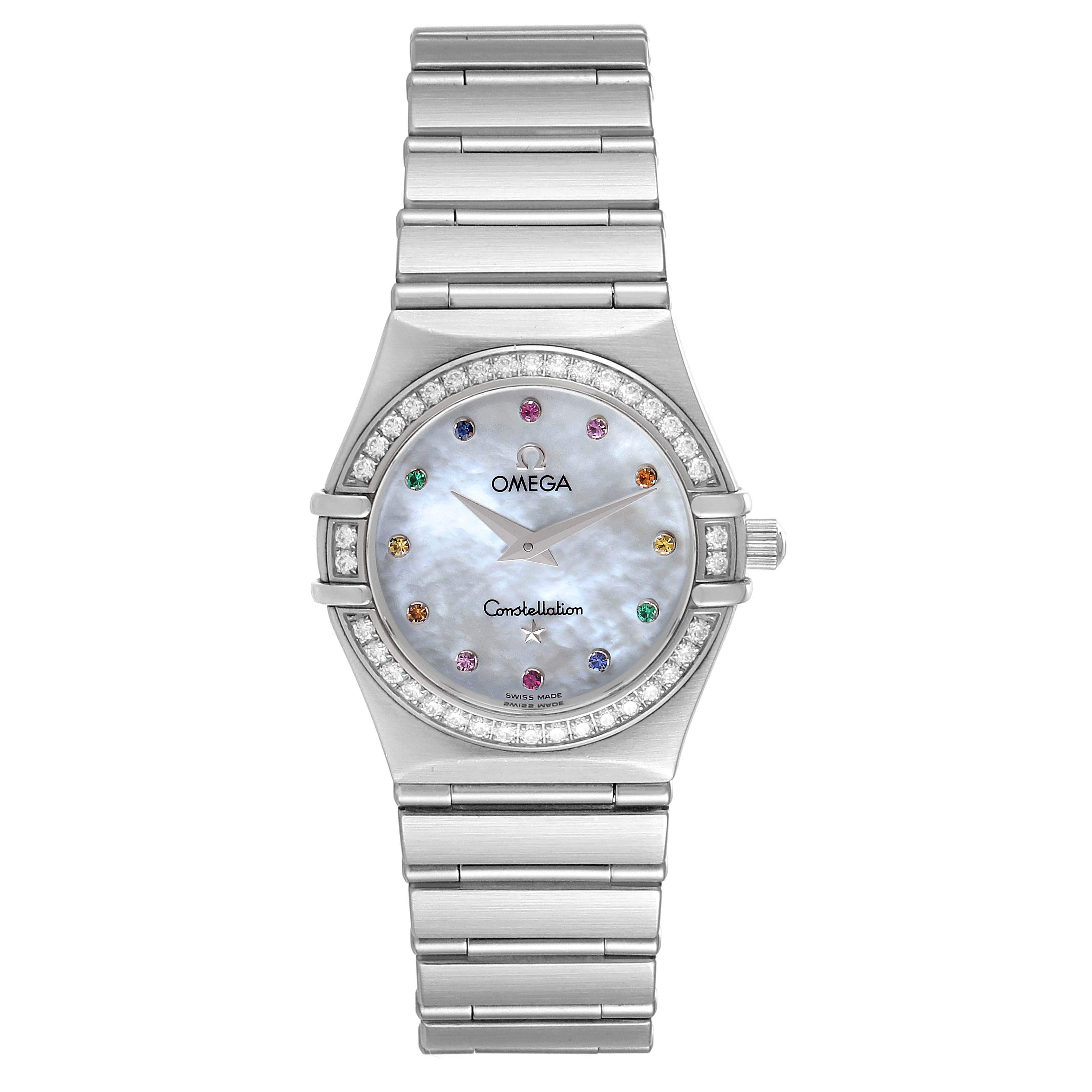 The Omega 1476.79.00 Women
s Stainless Steel Mother of Pearl Dial 1476.79.00 Women
s Stainless Steel Mother of Pearl Dial Constellation Iris My Choice Steel Multi Stone Watch 1476.79.00 is shown from a front angle, displaying its face, bezel, and bracelet.