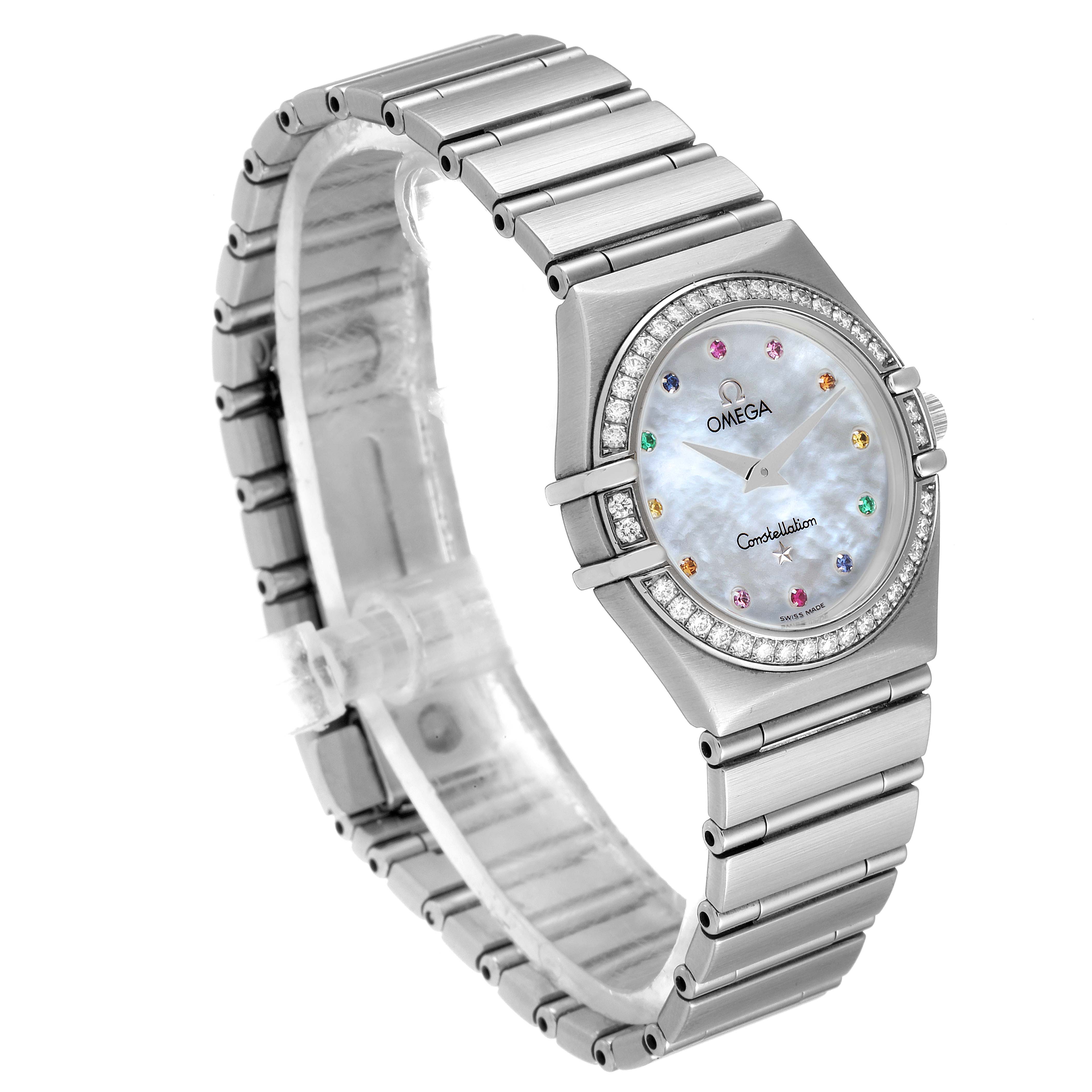 This image shows a side and front angle of the Omega 1476.79.00 Women
s Stainless Steel Mother of Pearl Dial 1476.79.00 Women
s Stainless Steel Mother of Pearl Dial Constellation Iris My Choice Steel Multi Stone Watch 1476.79.00.
