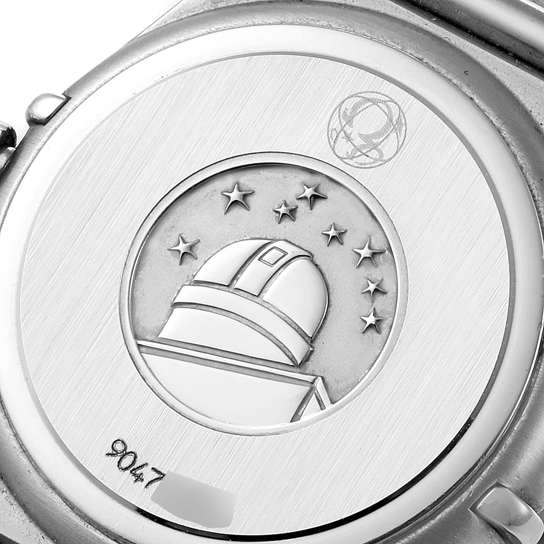 This image shows the engraved backplate of the Omega 1476.79.00 Women
s Stainless Steel Mother of Pearl Dial 1476.79.00 Women
s Stainless Steel Mother of Pearl Dial Constellation Iris My Choice Steel Multi Stone Watch 1476.79.00 model.