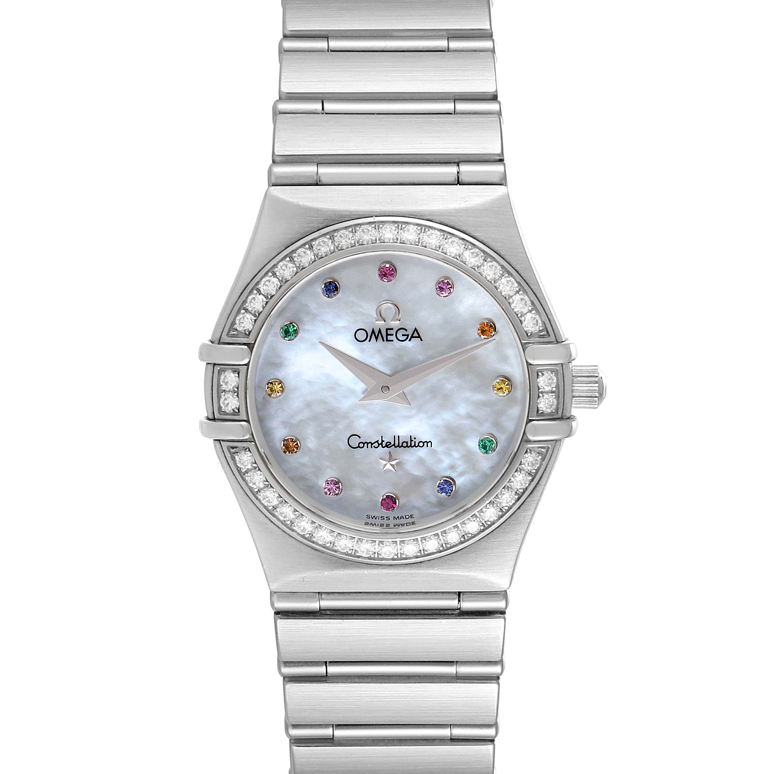 The image shows a frontal view of the Omega 1476.79.00 Women
s Stainless Steel Mother of Pearl Dial 1476.79.00 Women
s Stainless Steel Mother of Pearl Dial Constellation Iris My Choice Steel Multi Stone Watch 1476.79.00, displaying the dial and bracelet.