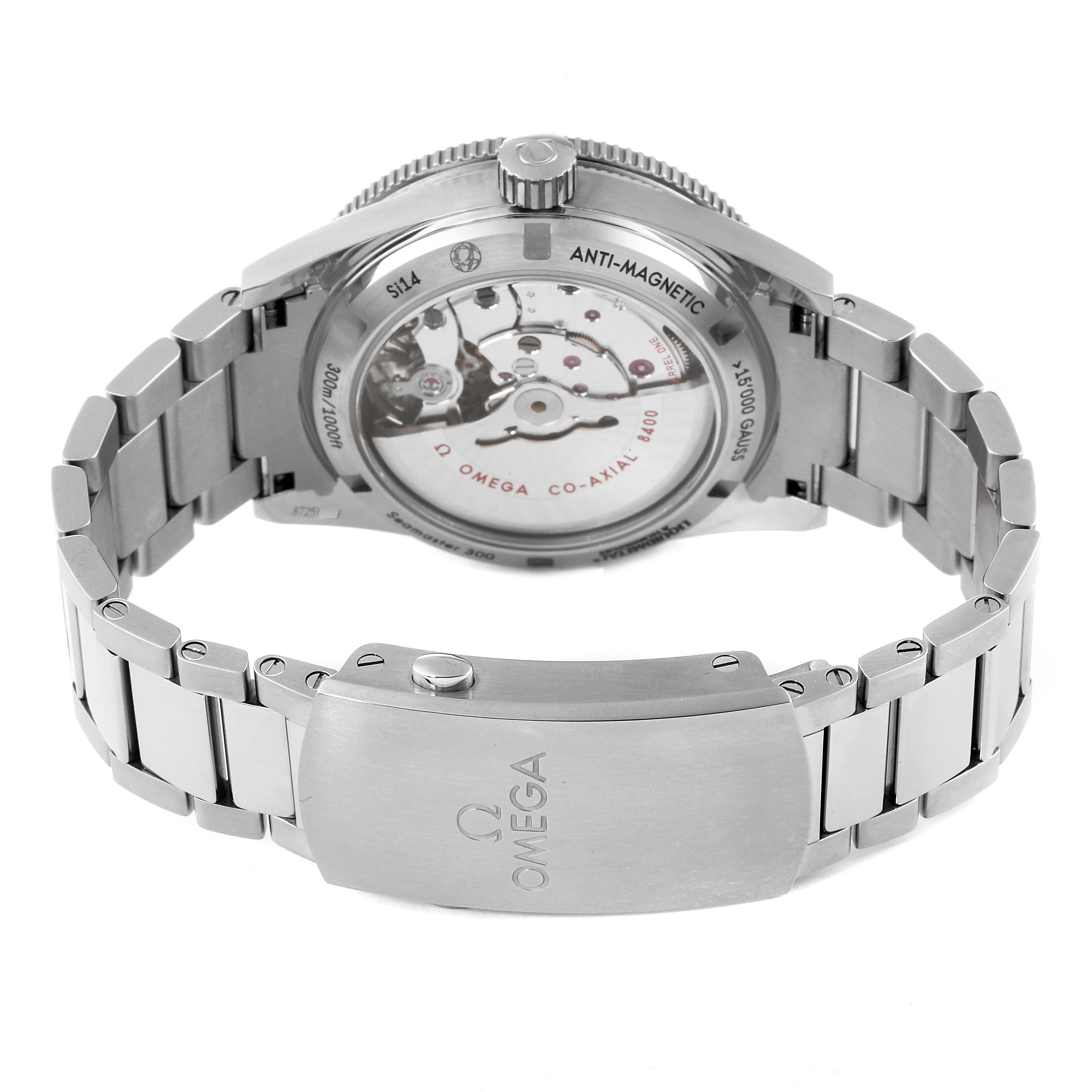 The image shows the back view of an Omega Seamaster 233.90.41.21.03.001 Men's Titanium Blue Dial 233.90.41.21.03.001 Men's Titanium Blue Dial watch, highlighting its anti-magnetic feature and metal bracelet.