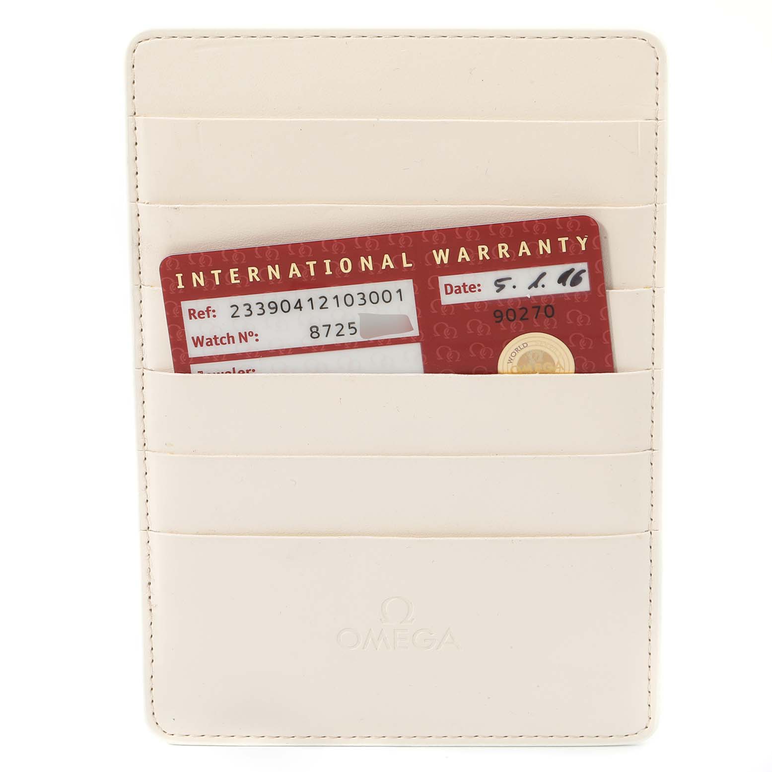 This image shows the warranty card for the Omega Seamaster 233.90.41.21.03.001 Men's Titanium Blue Dial 233.90.41.21.03.001 Men's Titanium Blue Dial watch in a white Omega cardholder.