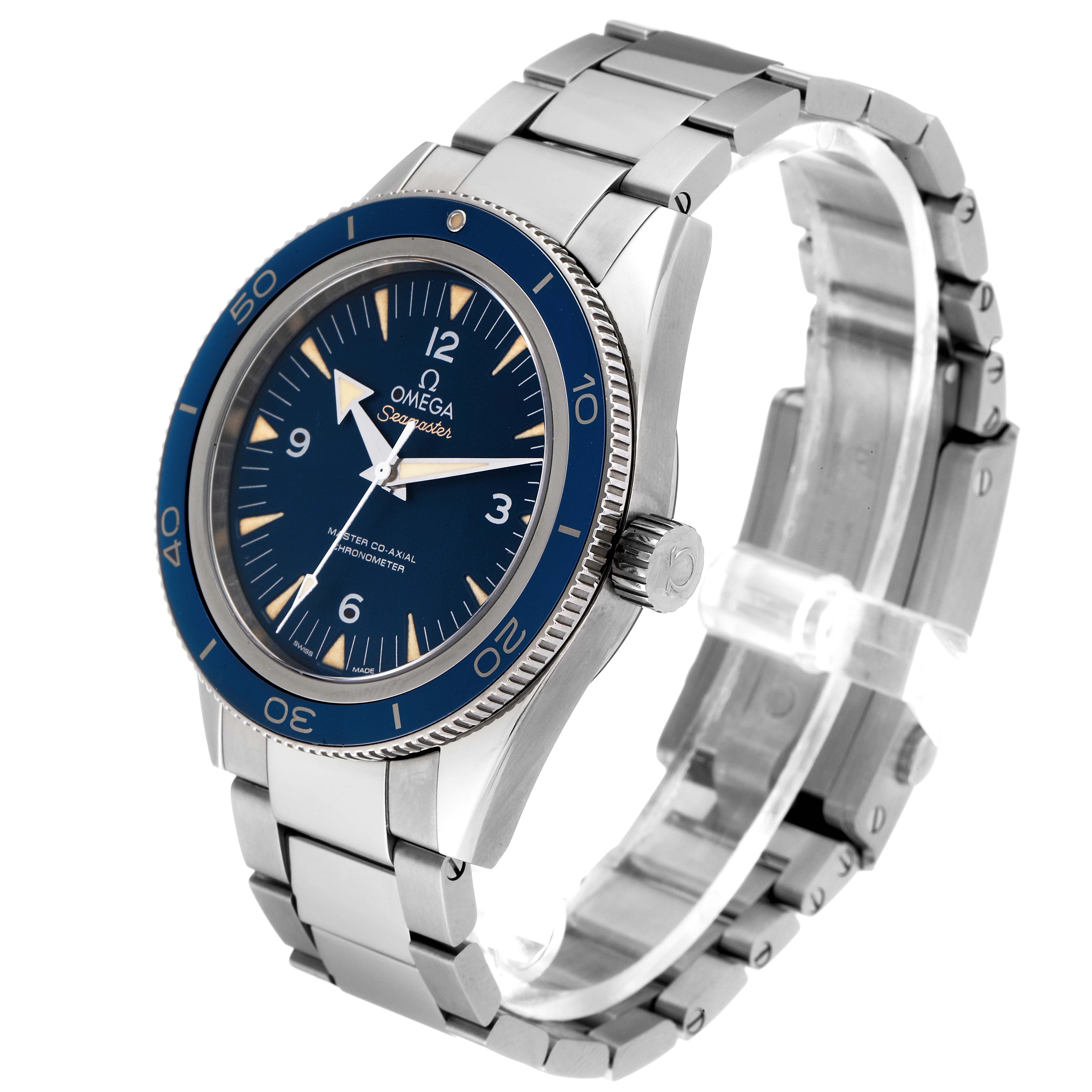The Omega Seamaster 233.90.41.21.03.001 Men's Titanium Blue Dial 233.90.41.21.03.001 Men's Titanium Blue Dial watch is shown at a three-quarter angle, displaying the face, bezel, crown, and bracelet.