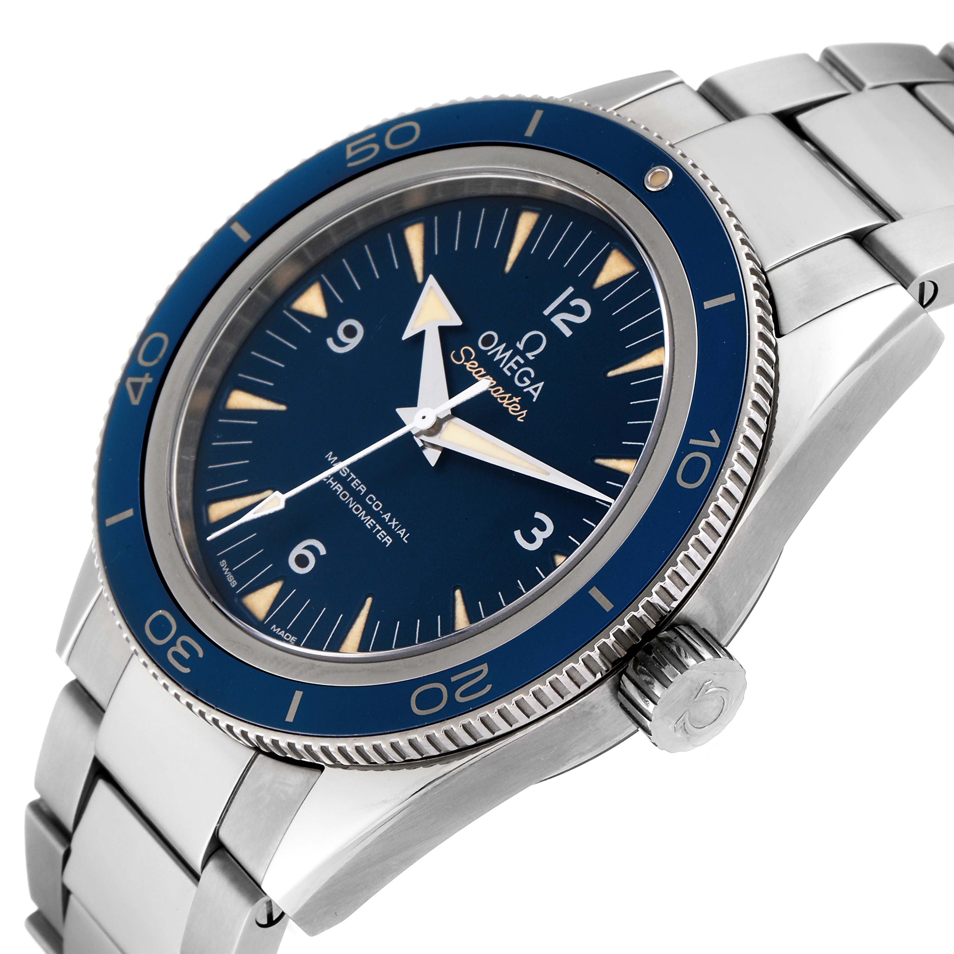 This image shows an angled view of an Omega Seamaster 233.90.41.21.03.001 Men's Titanium Blue Dial 233.90.41.21.03.001 Men's Titanium Blue Dial watch featuring its crown, bezel, dial, and bracelet.