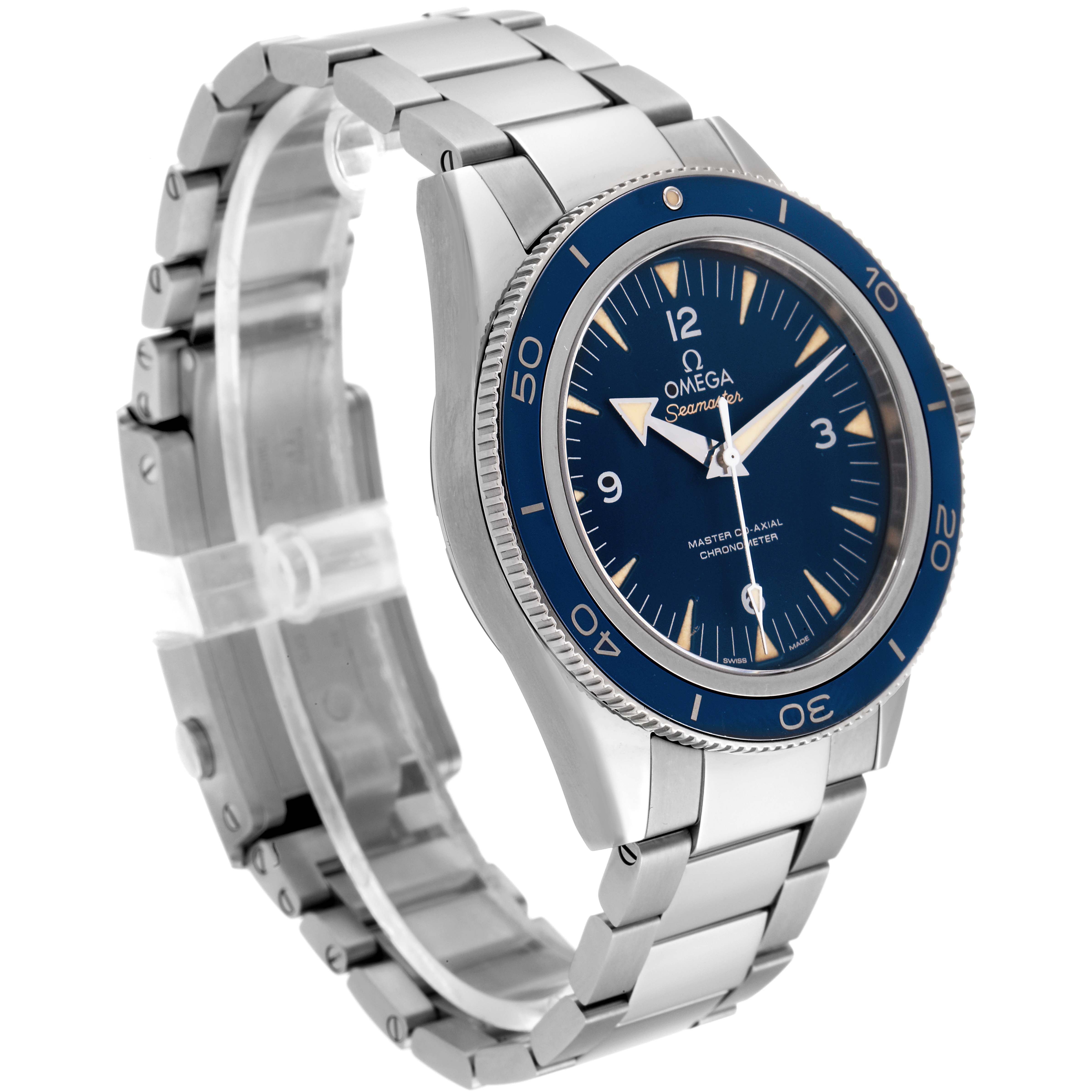 The Omega Seamaster 233.90.41.21.03.001 Men's Titanium Blue Dial 233.90.41.21.03.001 Men's Titanium Blue Dial watch is shown at an angle displaying its blue dial, bezel, and stainless steel bracelet.