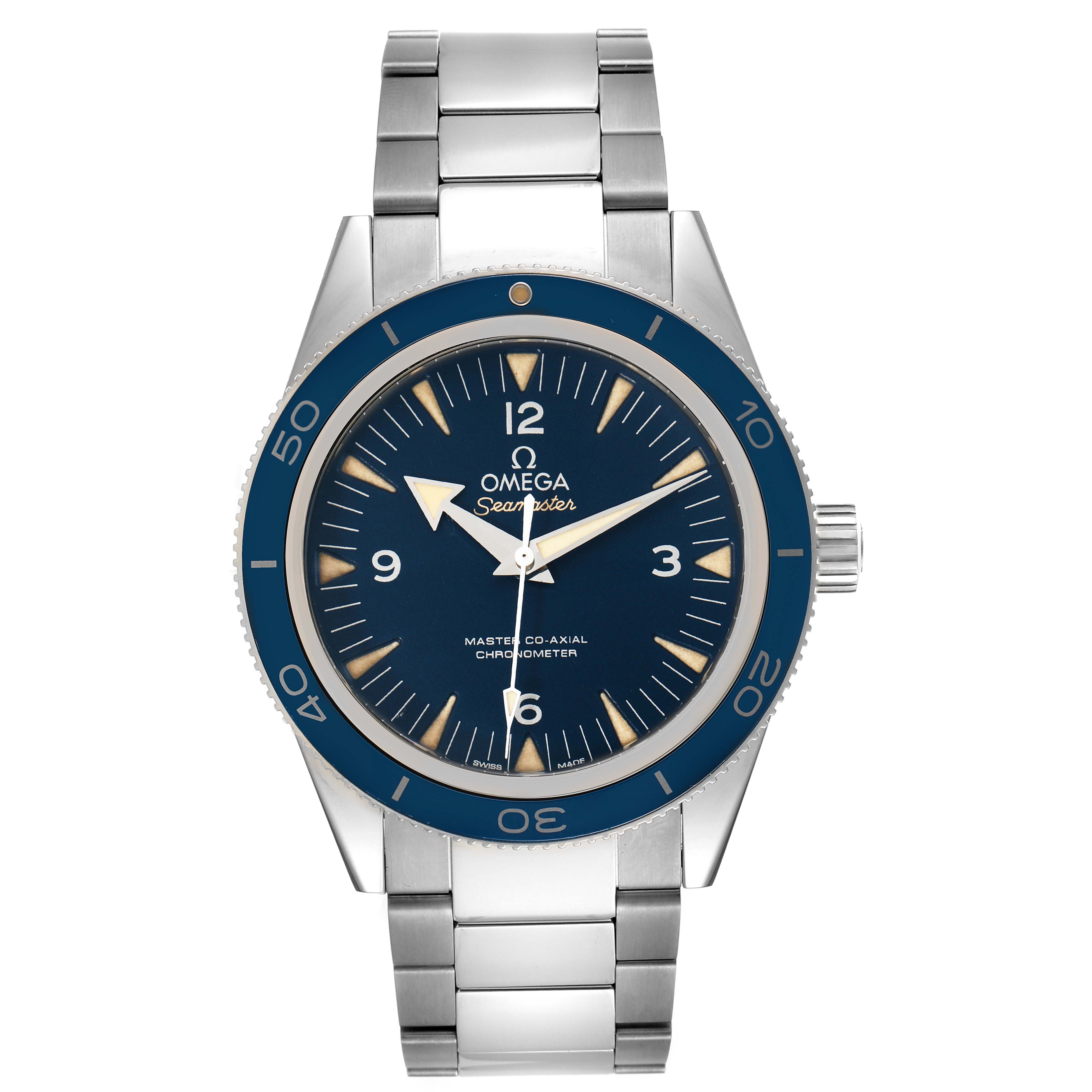 The image shows a front view of the Omega Seamaster 233.90.41.21.03.001 Men's Titanium Blue Dial 233.90.41.21.03.001 Men's Titanium Blue Dial watch, highlighting its blue dial, bezel, and stainless steel bracelet.