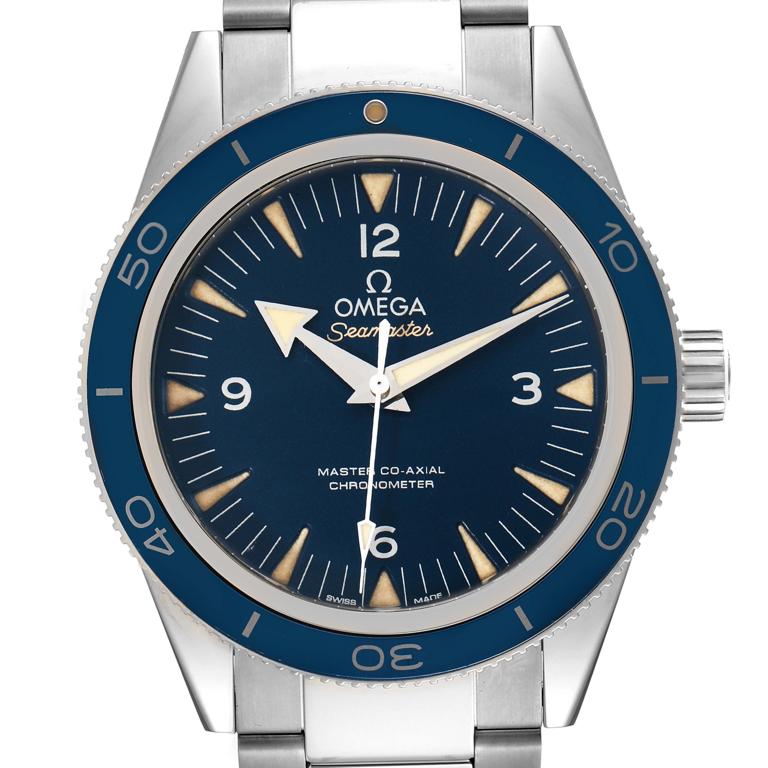 The image shows a front view of the Omega Seamaster 233.90.41.21.03.001 Men's Titanium Blue Dial 233.90.41.21.03.001 Men's Titanium Blue Dial watch, displaying its face, bezel, and part of the bracelet.