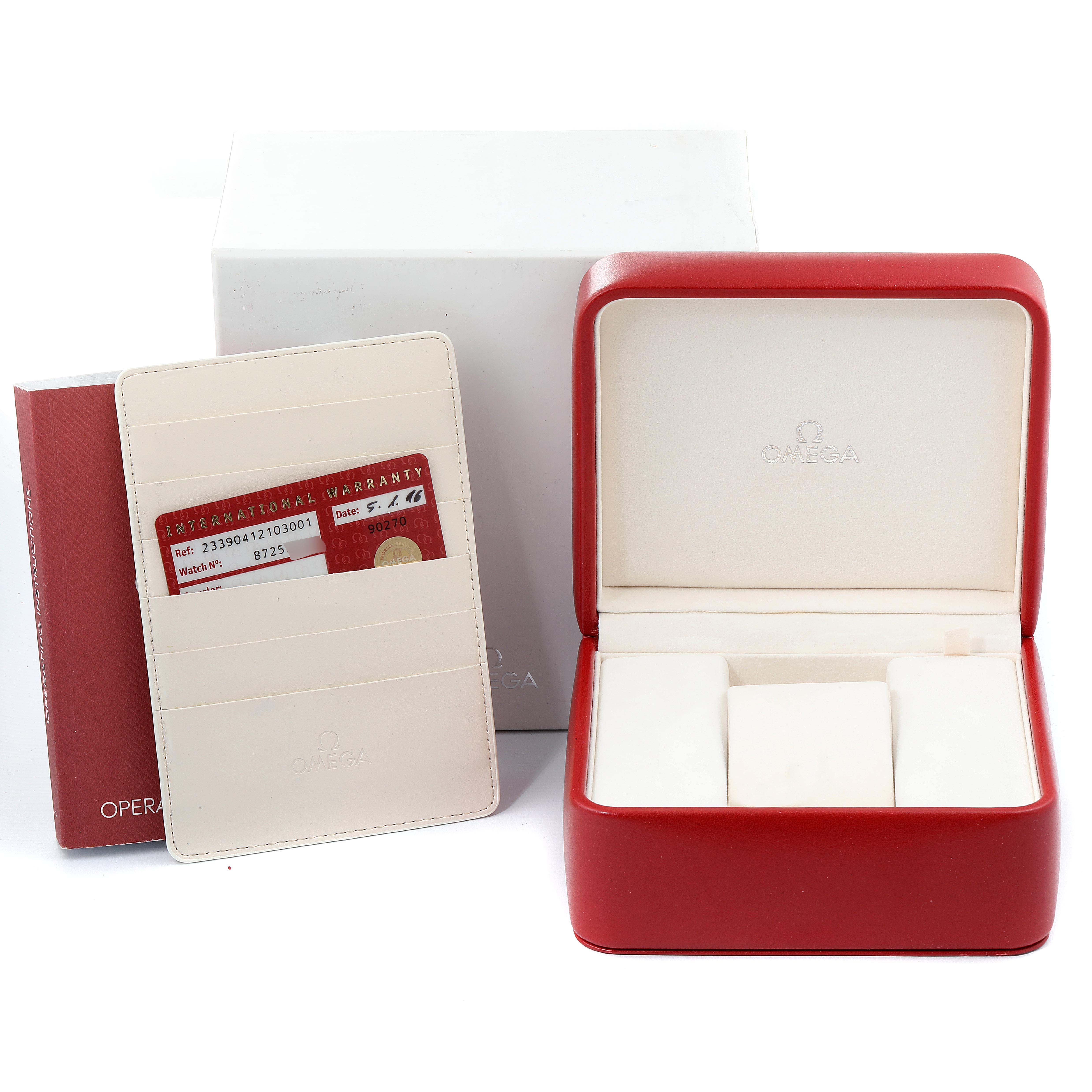 The image shows the packaging, warranty card, and storage box for an Omega Seamaster 233.90.41.21.03.001 Men's Titanium Blue Dial 233.90.41.21.03.001 Men's Titanium Blue Dial watch.