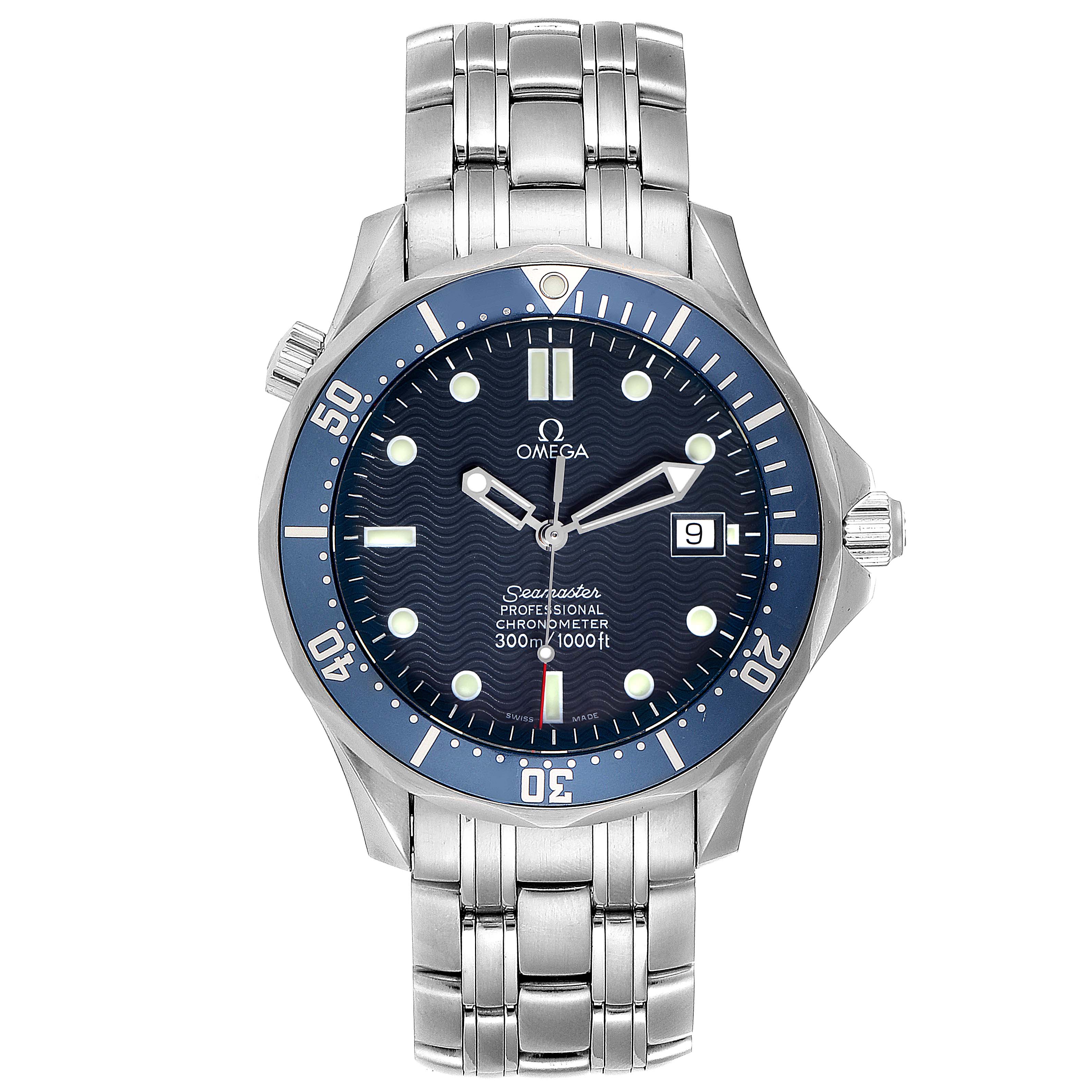 The image shows a frontal view of an Omega Speedmaster 2531.80.00 Men
s Stainless Steel Blue Dial 2531.80.00 Men
s Stainless Steel Blue Dial watch, displaying its face, bezel, and stainless steel bracelet.