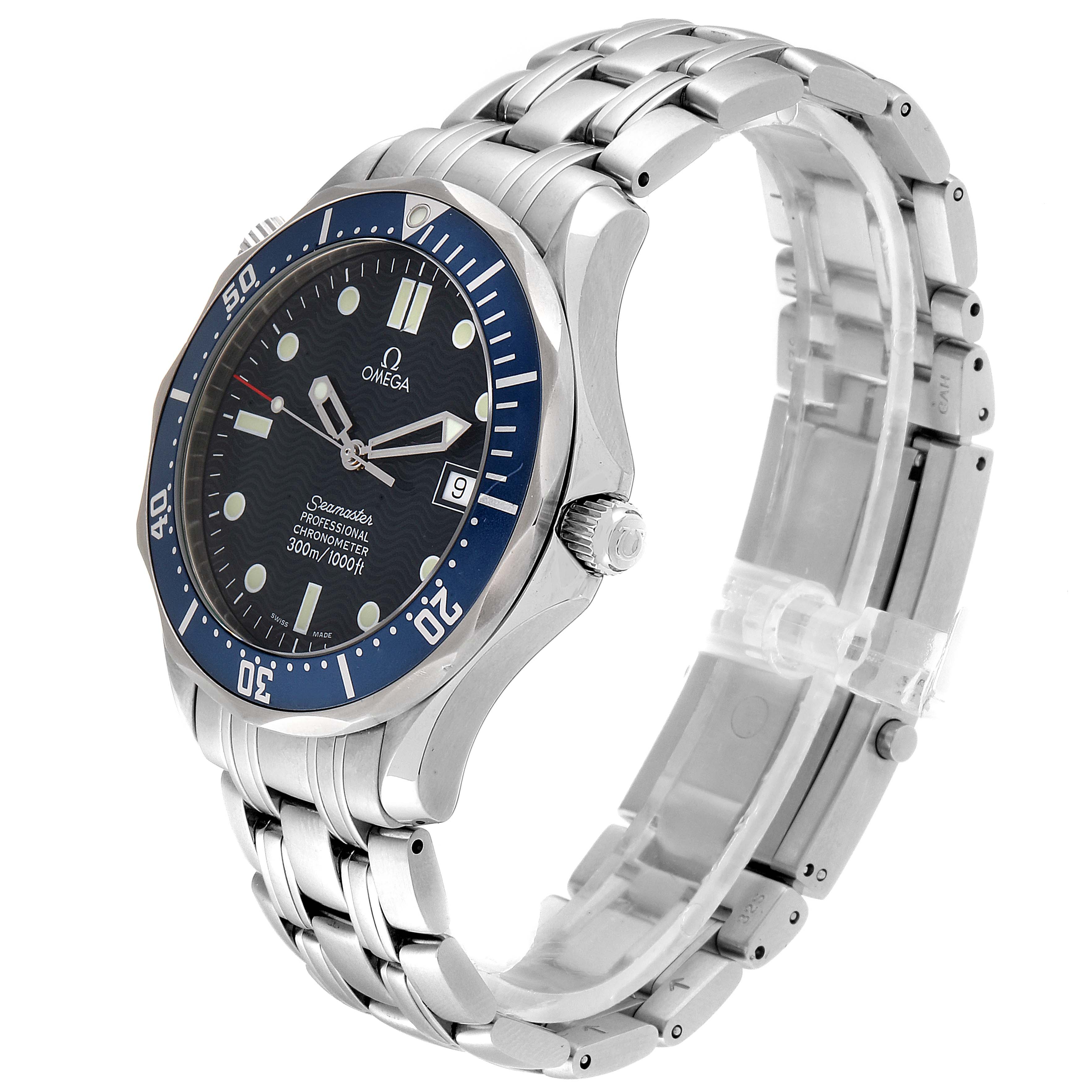 The Omega Speedmaster 2531.80.00 Men
s Stainless Steel Blue Dial 2531.80.00 Men
s Stainless Steel Blue Dial watch is shown at a three-quarter angle, highlighting its face, bezel, crown, and metal bracelet.