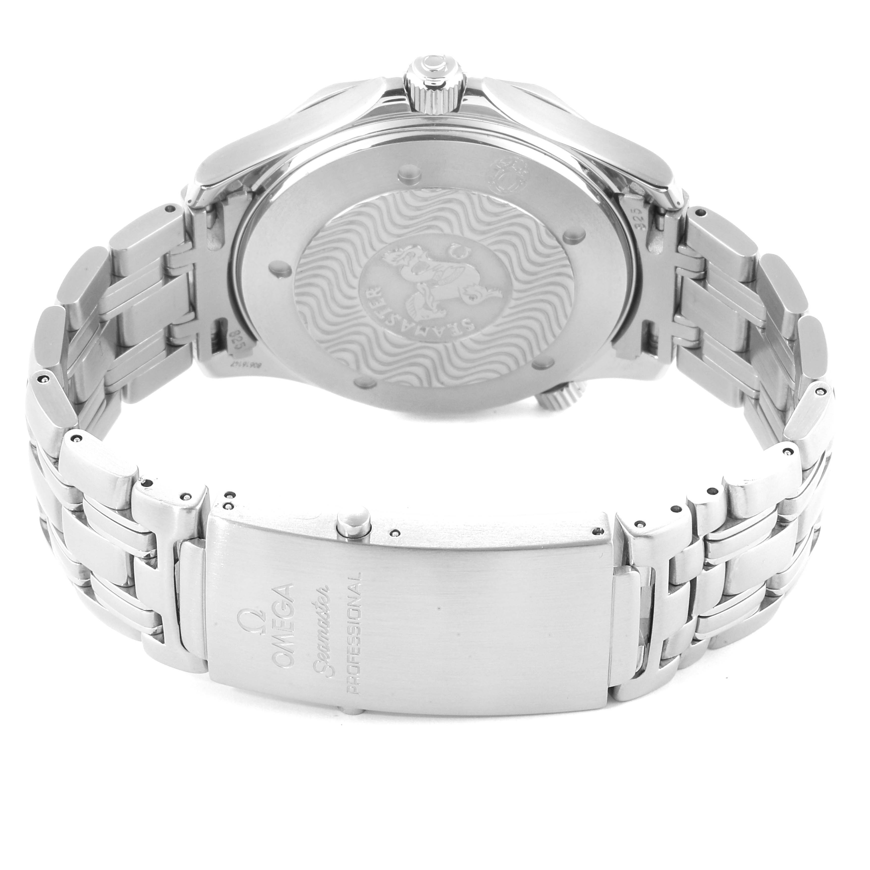 The image shows the back view of the Omega Speedmaster 2531.80.00 Men
s Stainless Steel Blue Dial 2531.80.00 Men
s Stainless Steel Blue Dial watch, highlighting the case back and stainless steel bracelet.