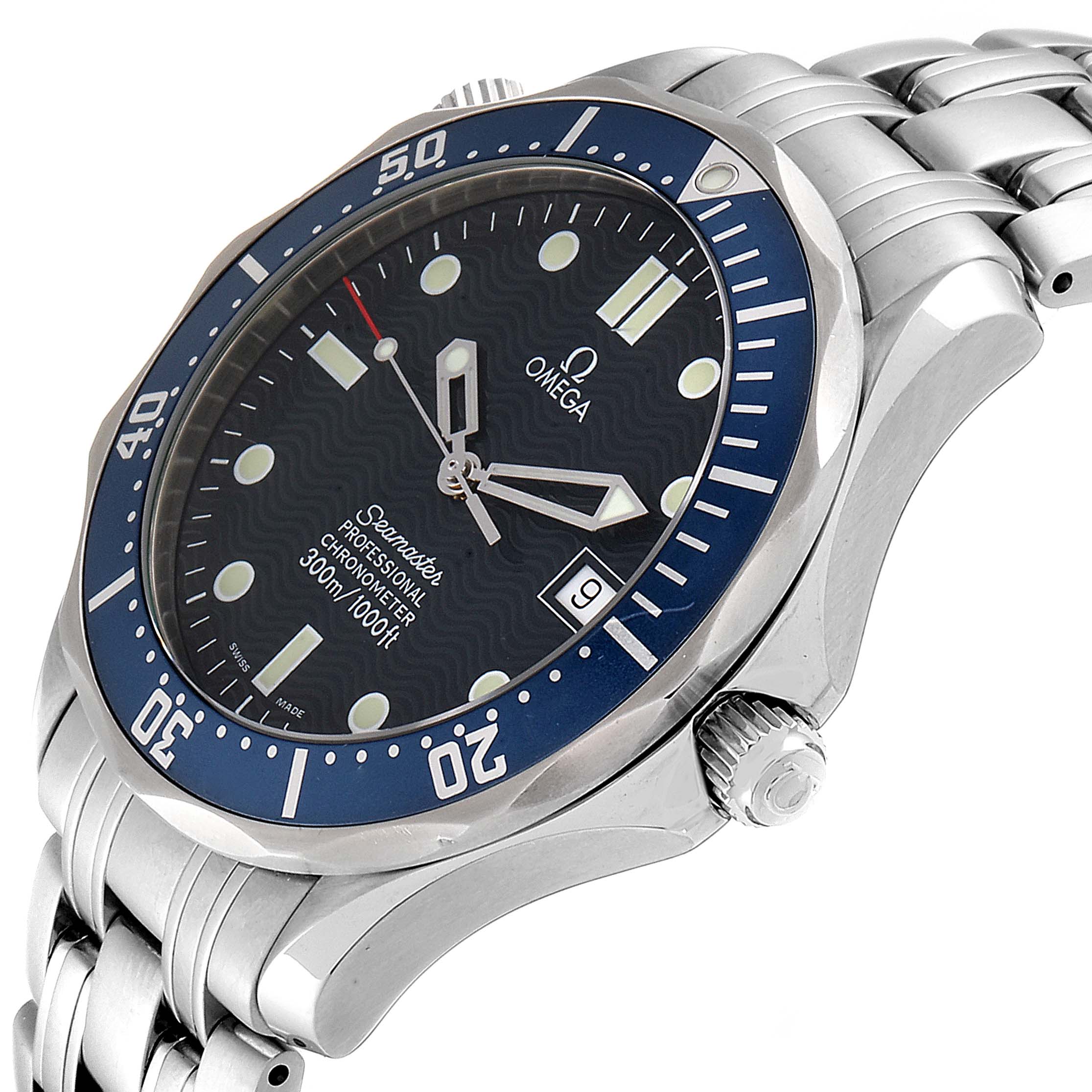 This image shows a close-up angle of the Omega Seamaster watch, highlighting the face, bezel, and part of the bracelet.
