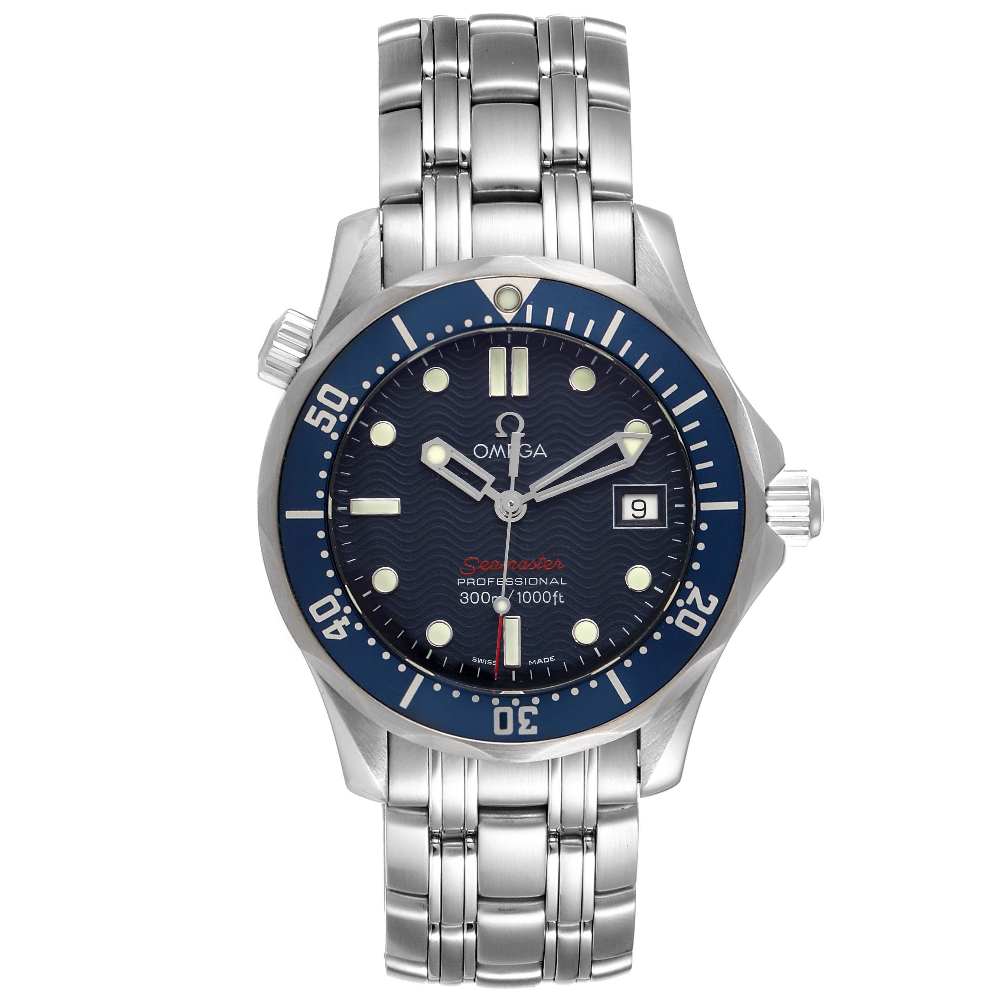 The image shows a front view of the Omega Seamaster 2223.80.00 Men's Stainless Steel Blue Dial 2223.80.00 Men's Stainless Steel Blue Dial watch, detailing its dial, bezel, crown, and bracelet.
