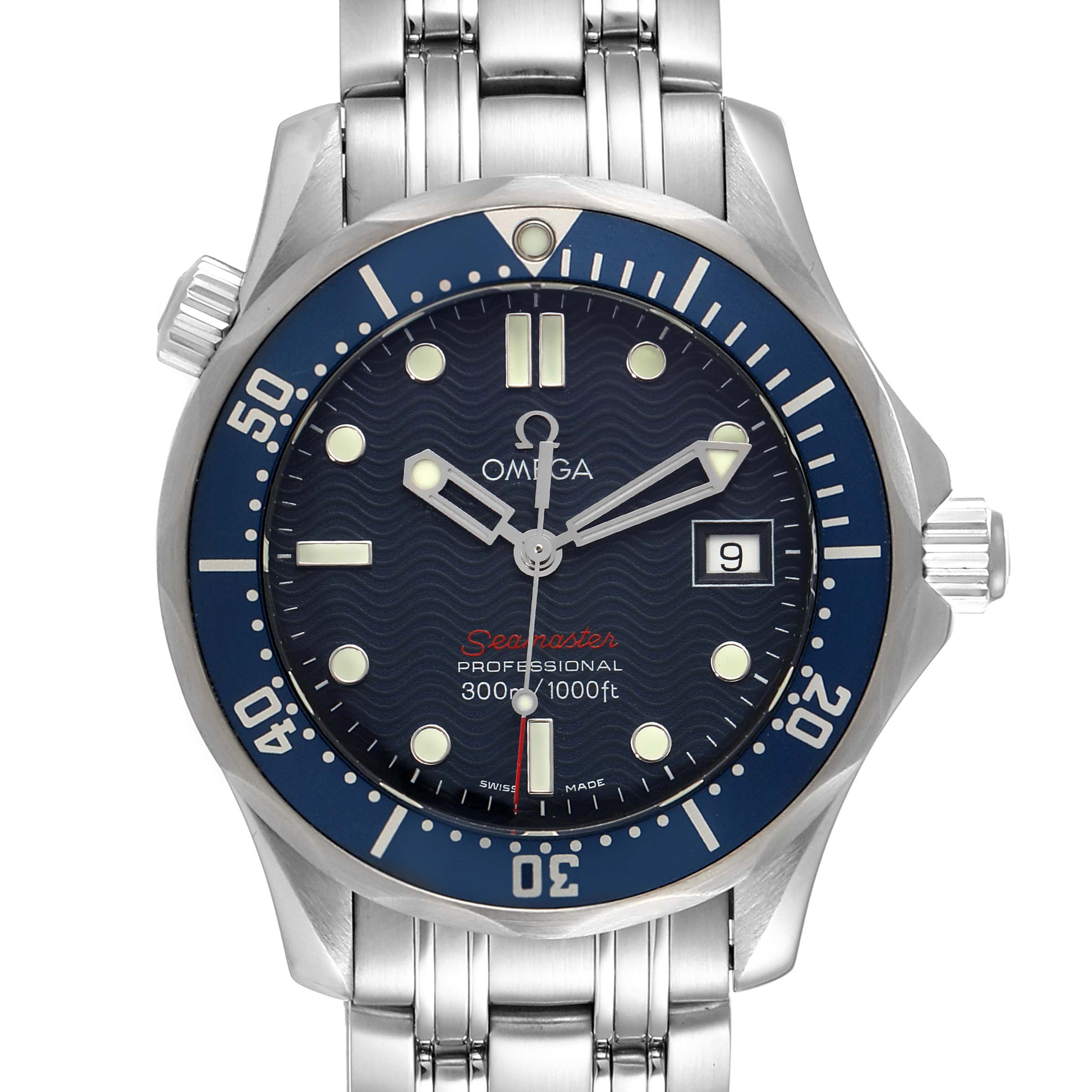 The Omega Seamaster 2223.80.00 Men's Stainless Steel Blue Dial 2223.80.00 Men's Stainless Steel Blue Dial watch is shown from a front angle, highlighting its bezel, dial, hands, and date display.