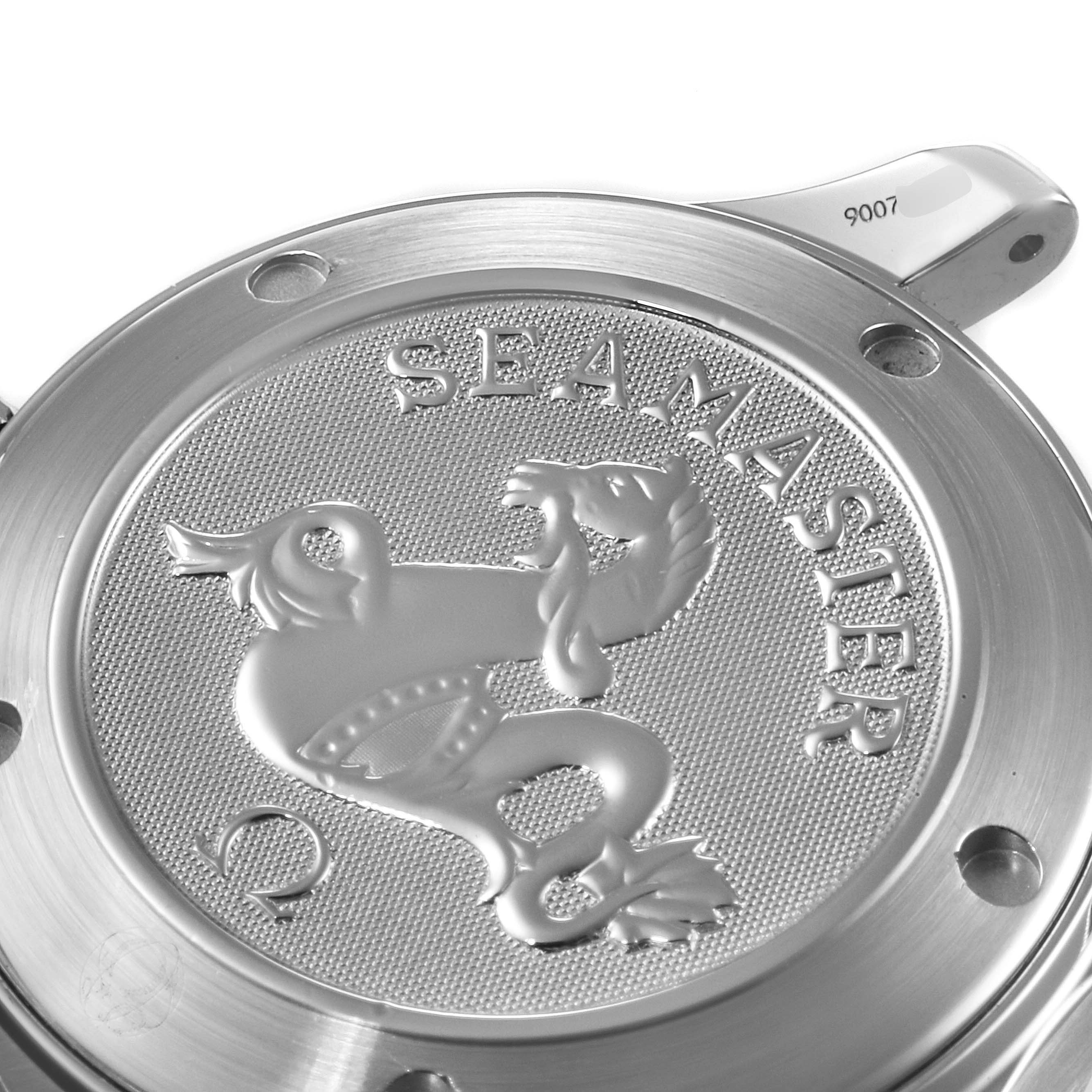 This image shows the case back of an Omega Seamaster 2223.80.00 Men's Stainless Steel Blue Dial 2223.80.00 Men's Stainless Steel Blue Dial watch from a top-down angle.