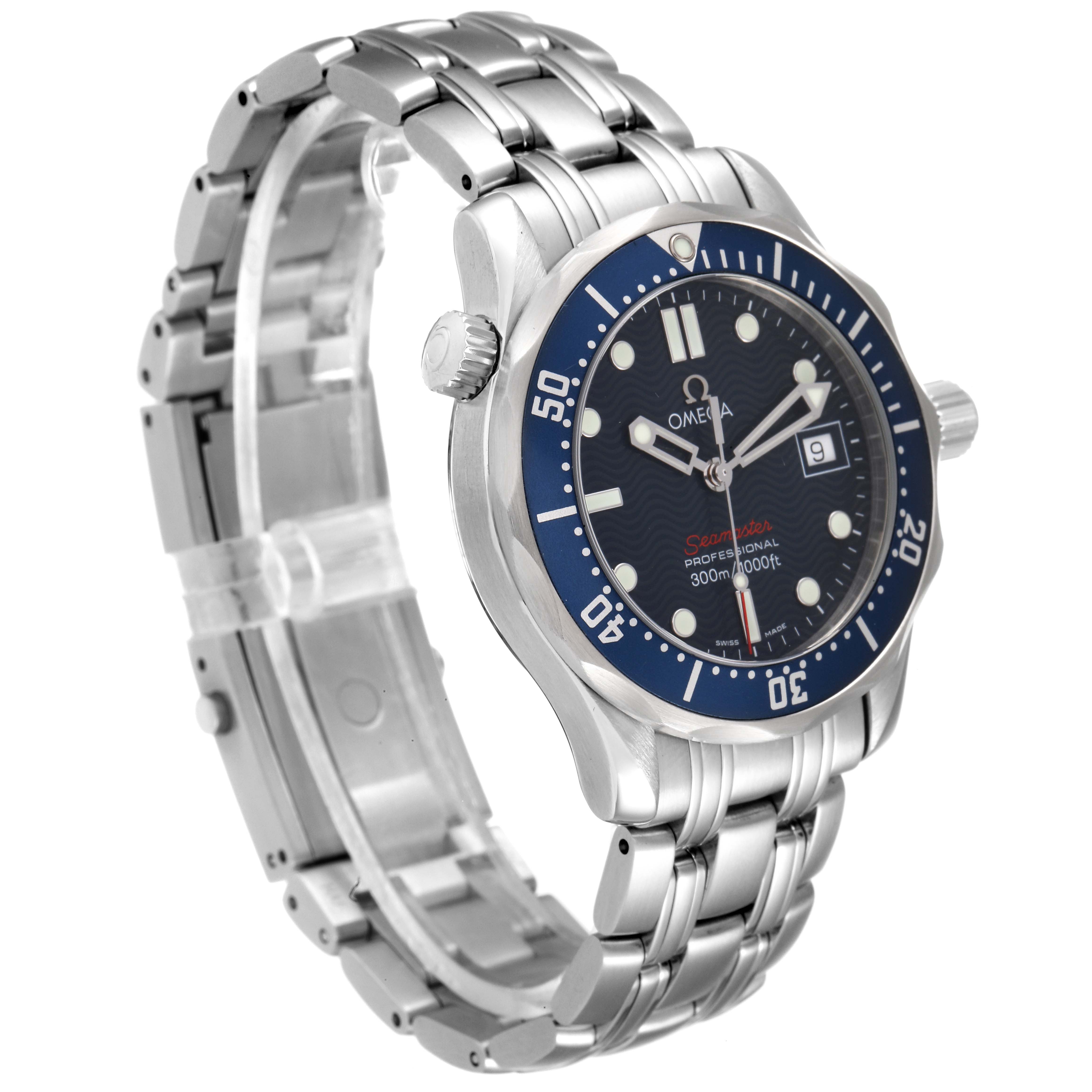 The image shows an angled view of the Omega Seamaster 2223.80.00 Men's Stainless Steel Blue Dial 2223.80.00 Men's Stainless Steel Blue Dial watch, displaying the bracelet, face, bezel, and crown.