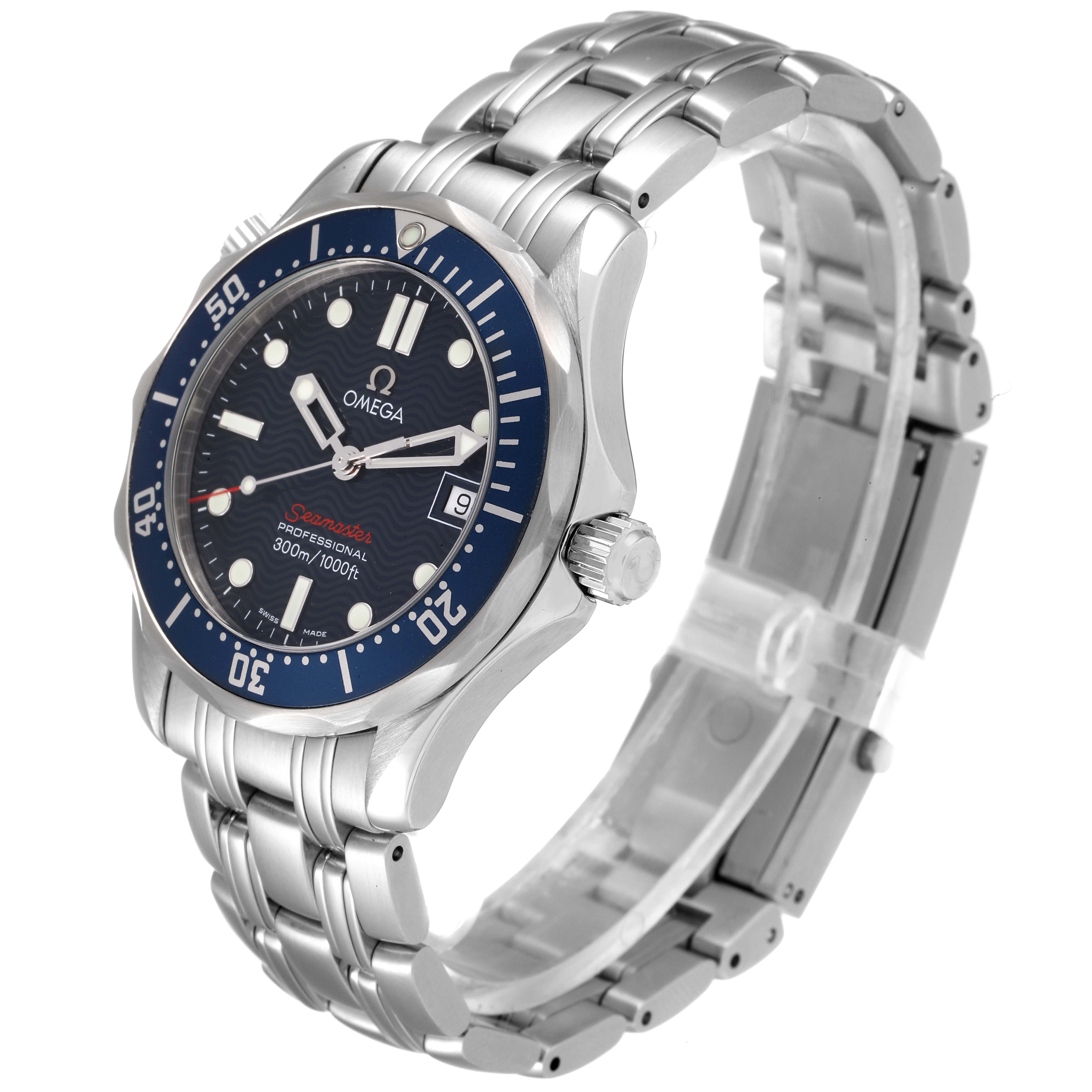 This image shows a side angle view of an Omega Seamaster 2223.80.00 Men's Stainless Steel Blue Dial 2223.80.00 Men's Stainless Steel Blue Dial watch, revealing its dial, bezel, crown, and stainless steel bracelet.