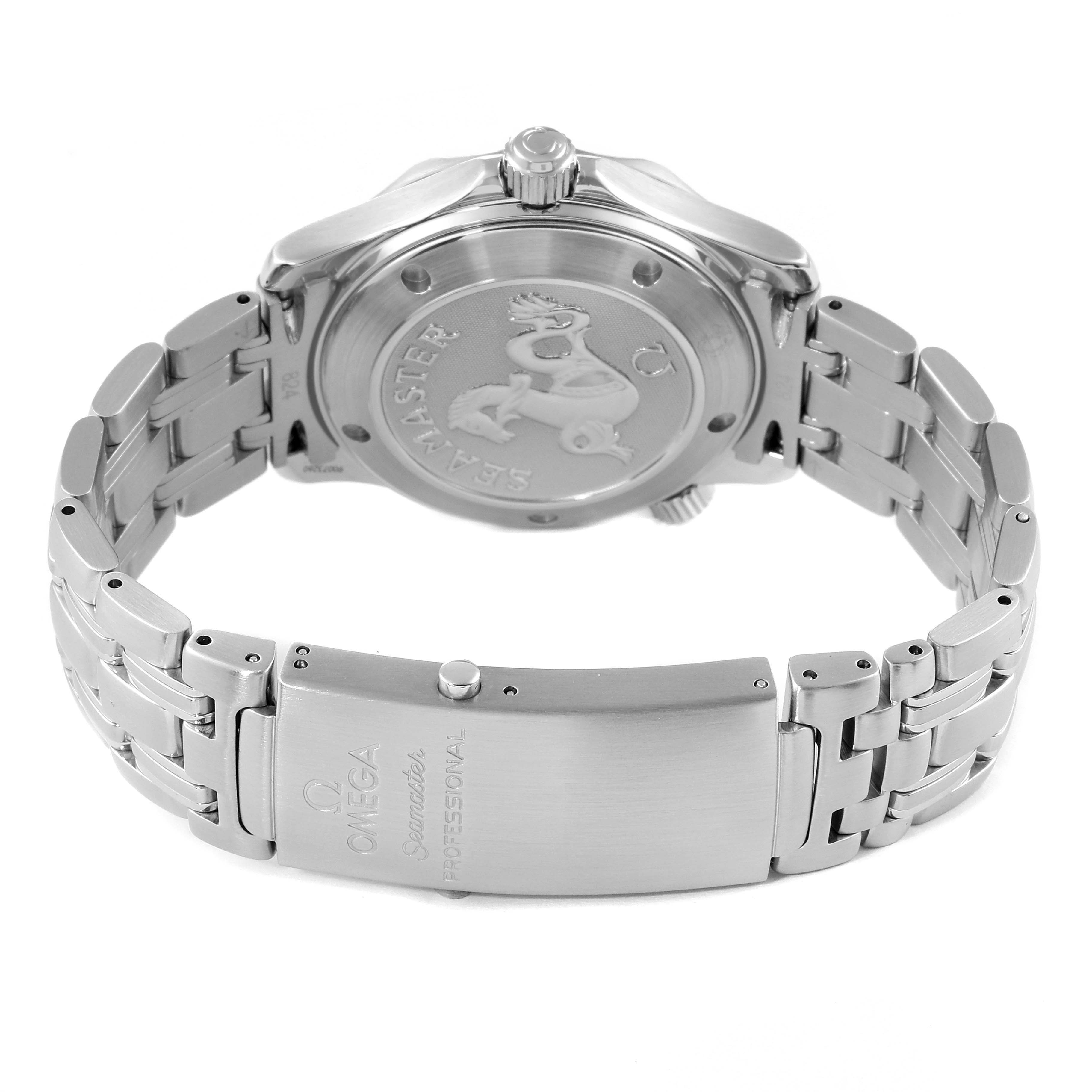 This image shows the back and clasp of the Omega Seamaster 2223.80.00 Men's Stainless Steel Blue Dial 2223.80.00 Men's Stainless Steel Blue Dial watch, displaying the engraved case back and metal bracelet.