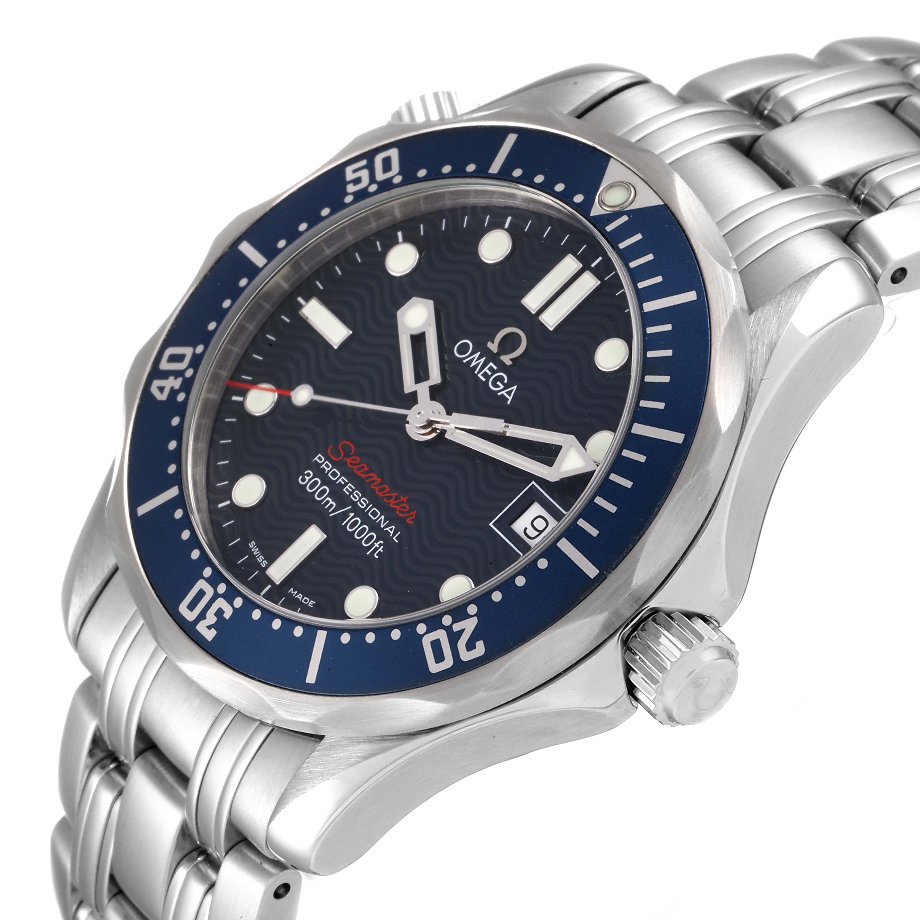 The image shows an Omega Seamaster 2223.80.00 Men's Stainless Steel Blue Dial 2223.80.00 Men's Stainless Steel Blue Dial watch from an angled side view, highlighting the bezel, dial, and bracelet.