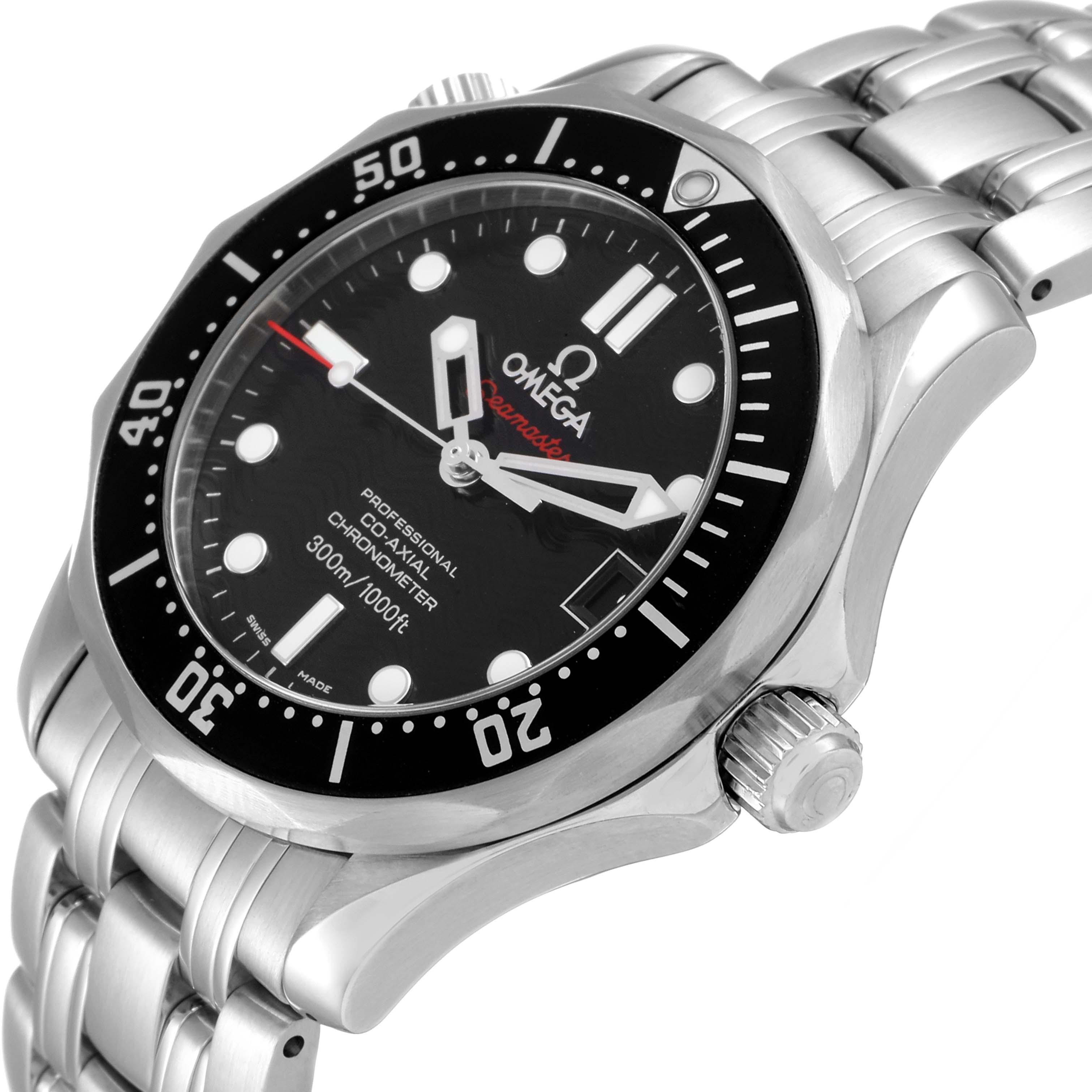 This image shows an angled view of the Omega Seamaster 212.30.36.20.01.001 Men's Stainless Steel Black Dial 212.30.36.20.01.001 Men's Stainless Steel Black Dial watch, highlighting the bezel, dial, crown, and part of the bracelet.