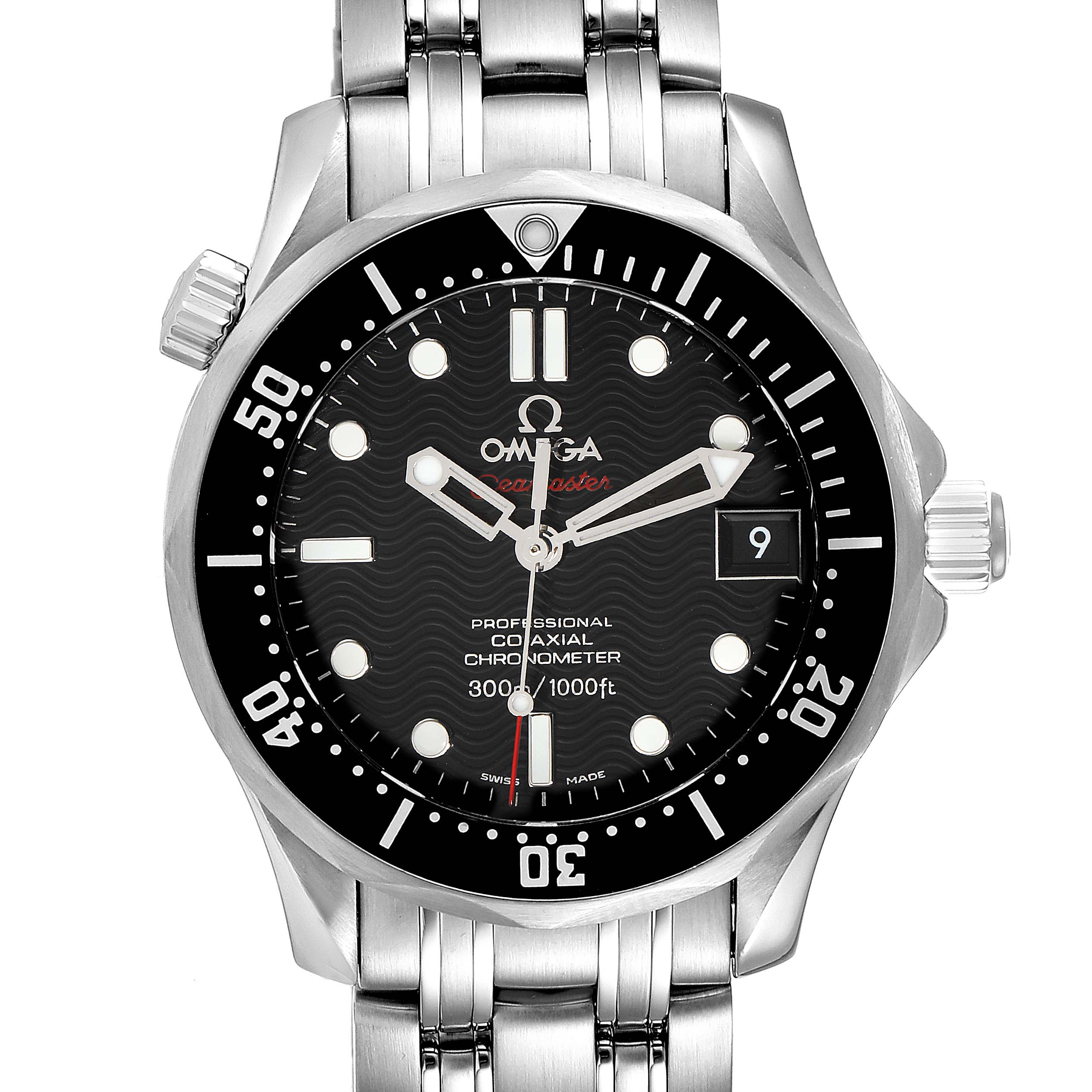 This image shows a front view of the Omega Seamaster 212.30.36.20.01.001 Men's Stainless Steel Black Dial 212.30.36.20.01.001 Men's Stainless Steel Black Dial watch with its dial, bezel, bracelet, and crown clearly visible.
