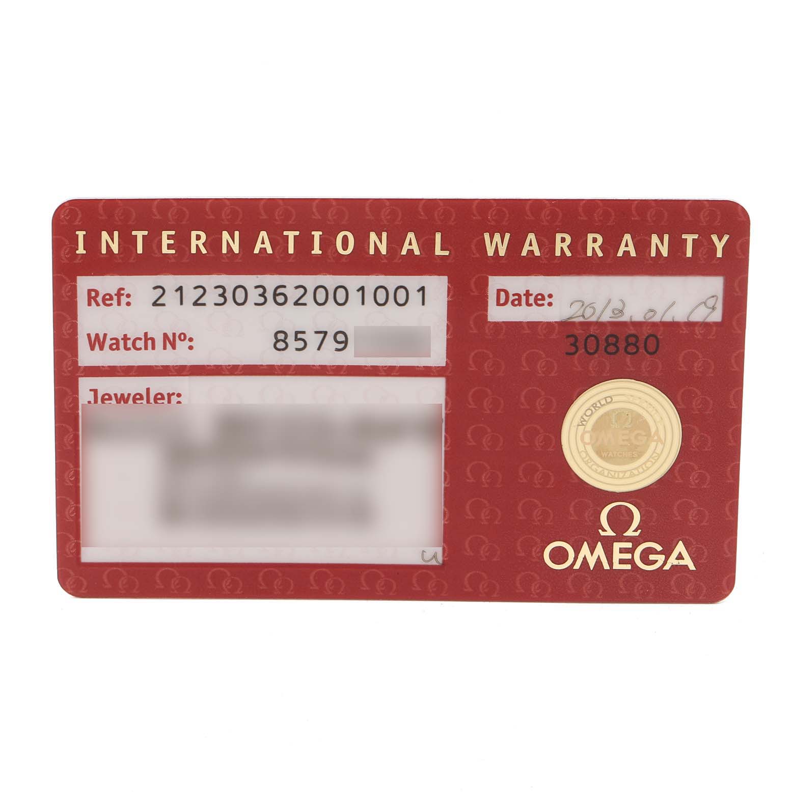 The image shows the international warranty card for the Omega Seamaster 212.30.36.20.01.001 Men's Stainless Steel Black Dial 212.30.36.20.01.001 Men's Stainless Steel Black Dial model.