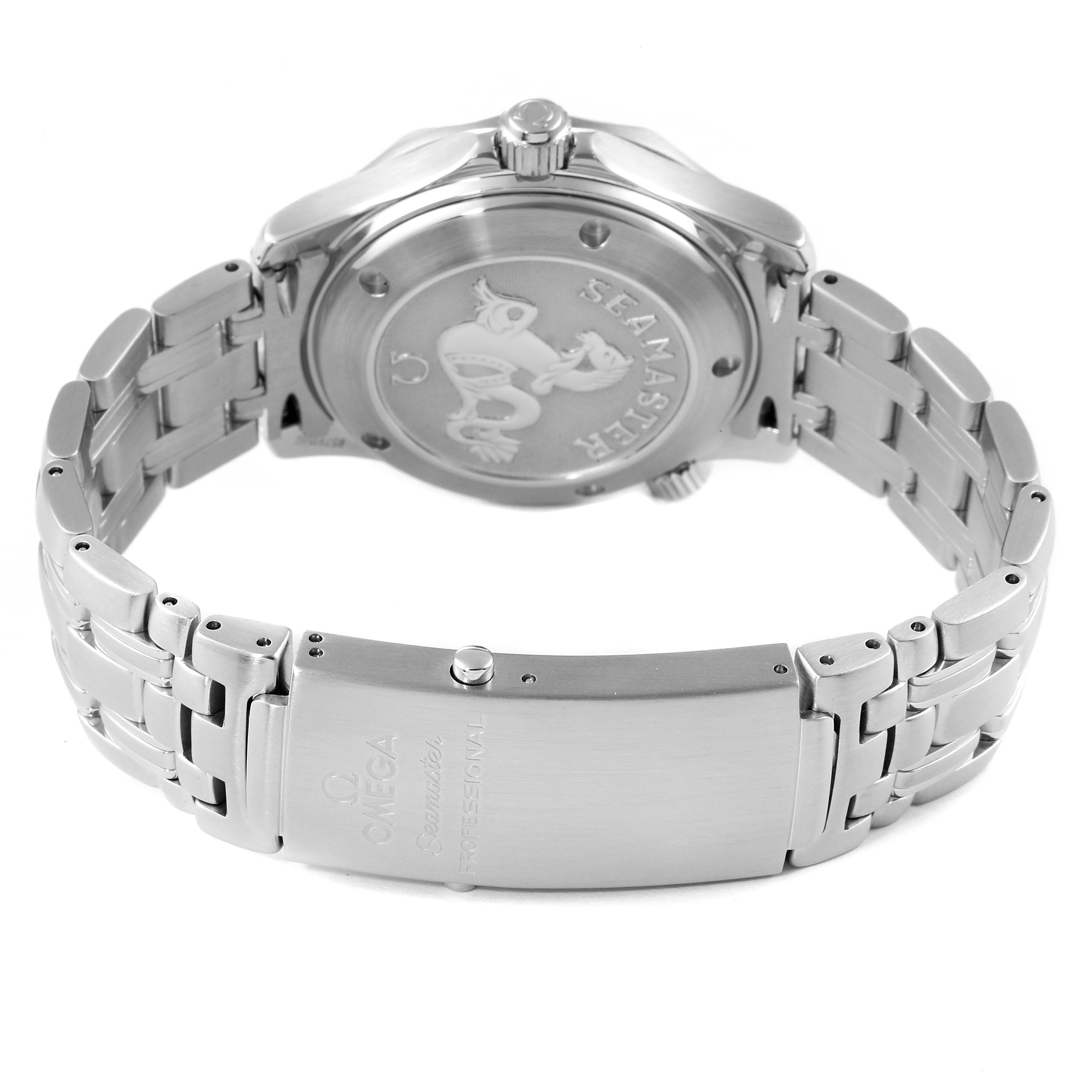 This image shows the back case and clasp of the Omega Seamaster 212.30.36.20.01.001 Men's Stainless Steel Black Dial 212.30.36.20.01.001 Men's Stainless Steel Black Dial watch, highlighting its stainless steel bracelet and engraved case back.