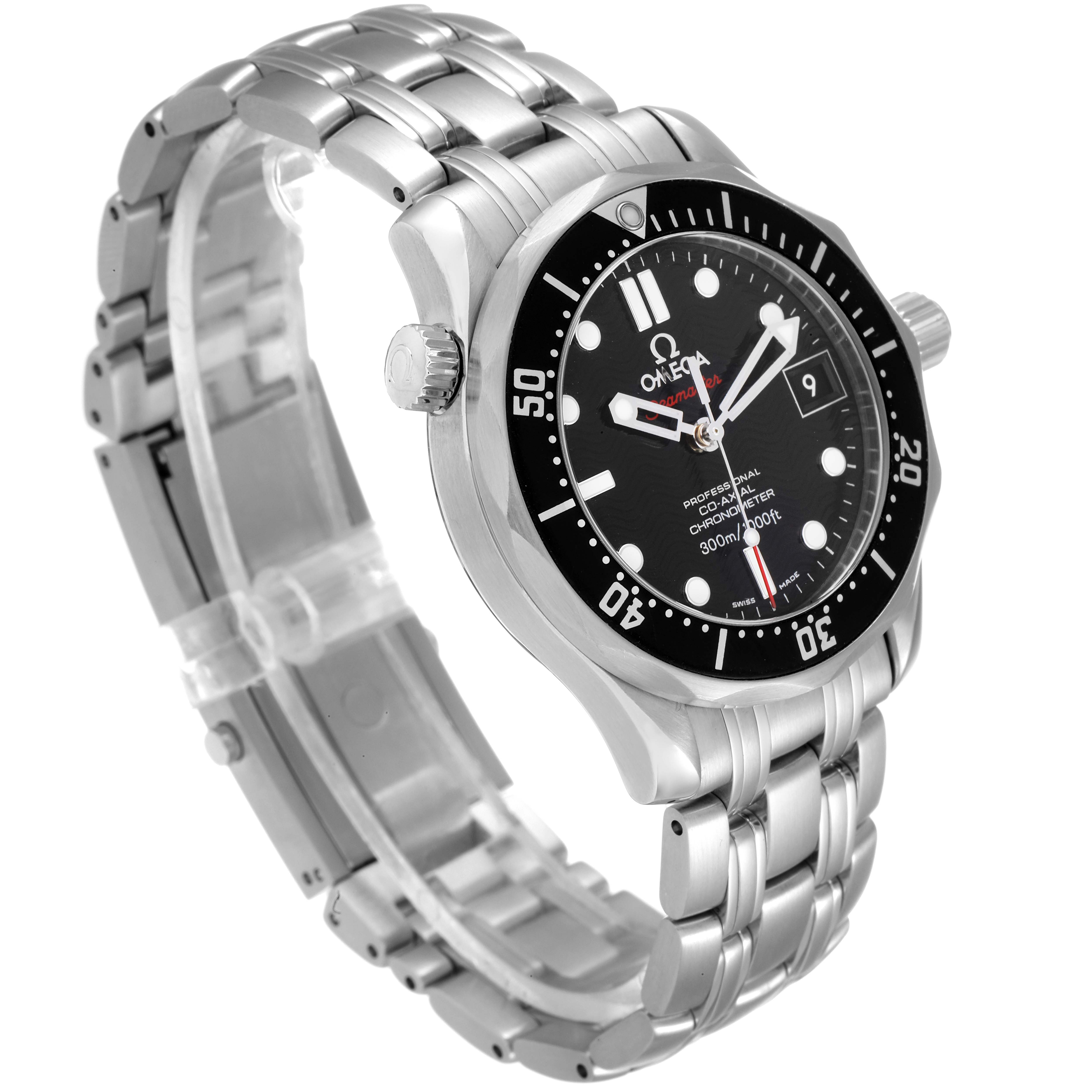 The Omega Seamaster 212.30.36.20.01.001 Men's Stainless Steel Black Dial 212.30.36.20.01.001 Men's Stainless Steel Black Dial watch is shown at a three-quarter angle, displaying the black dial, bezel, crown, and bracelet.