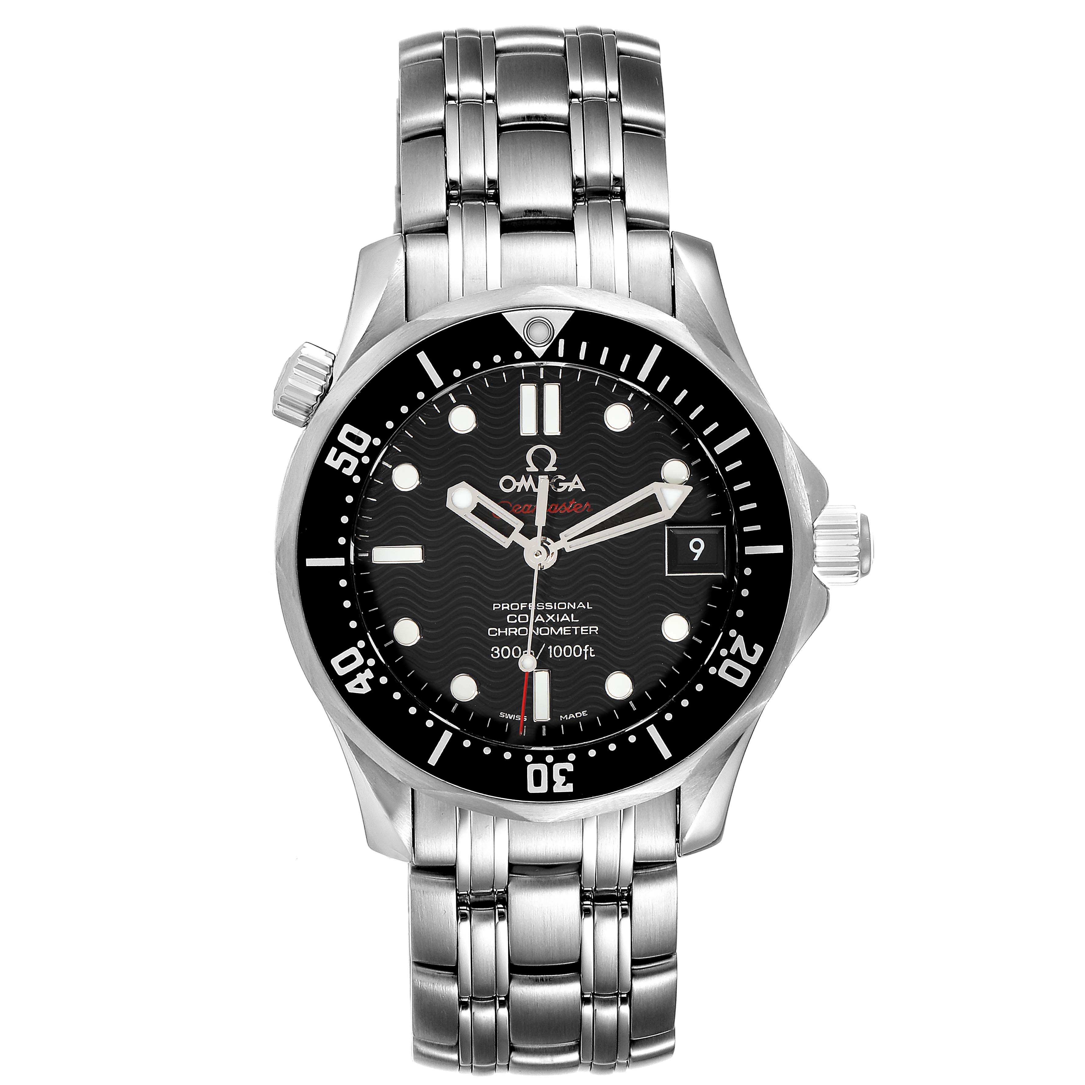 This image shows a frontal view of an Omega Seamaster 212.30.36.20.01.001 Men's Stainless Steel Black Dial 212.30.36.20.01.001 Men's Stainless Steel Black Dial watch, highlighting the face, bezel, crown, and stainless steel bracelet.