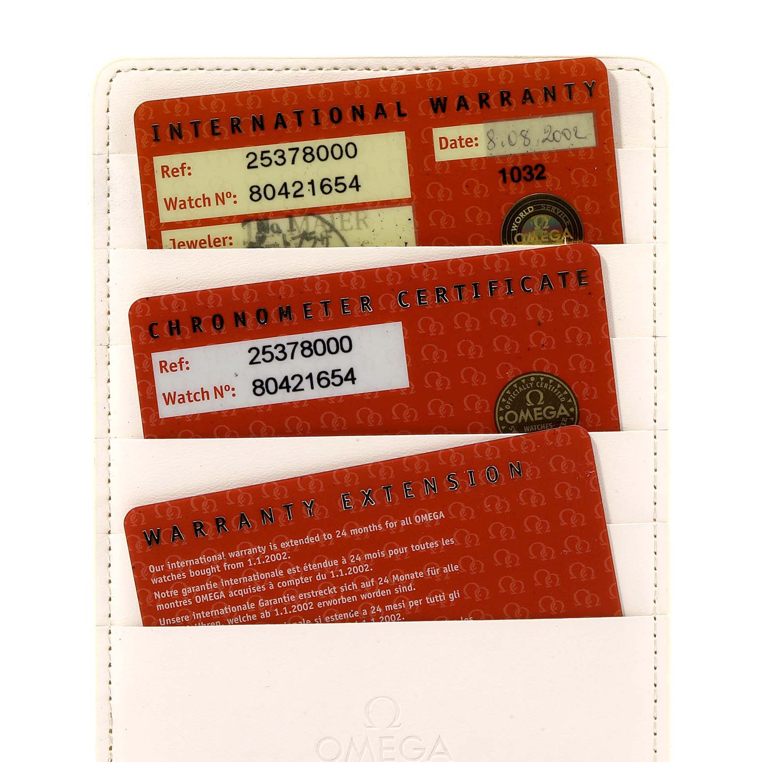 The image shows warranty cards and a chronometer certificate for the Omega Seamaster 2537.80.00 Men
s Stainless Steel Blue Dial 2537.80.00 Men
s Stainless Steel Blue Dial model.