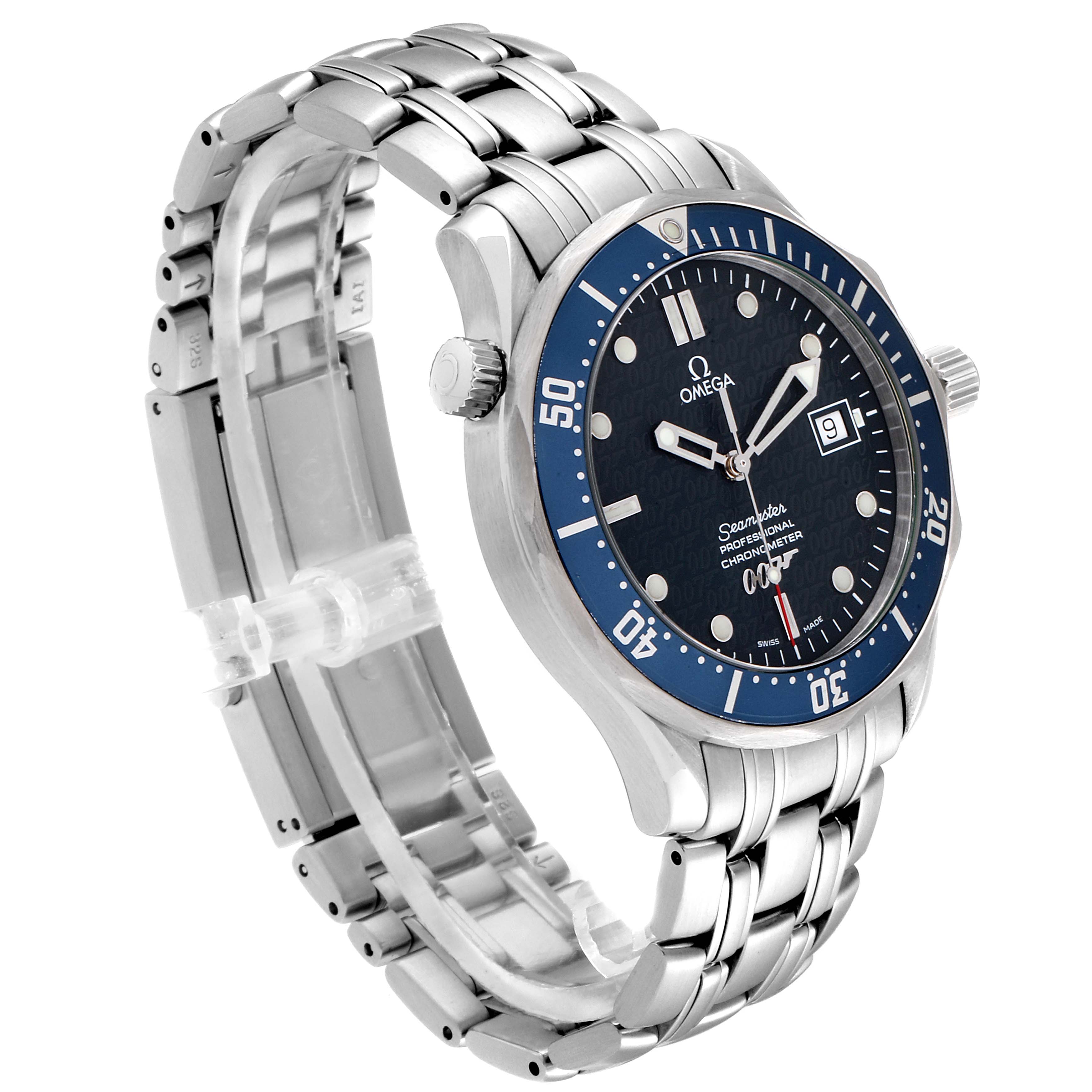 The image shows an Omega Seamaster 2537.80.00 Men
s Stainless Steel Blue Dial 2537.80.00 Men
s Stainless Steel Blue Dial watch from a front angle, highlighting its bracelet, bezel, dial, and crown.