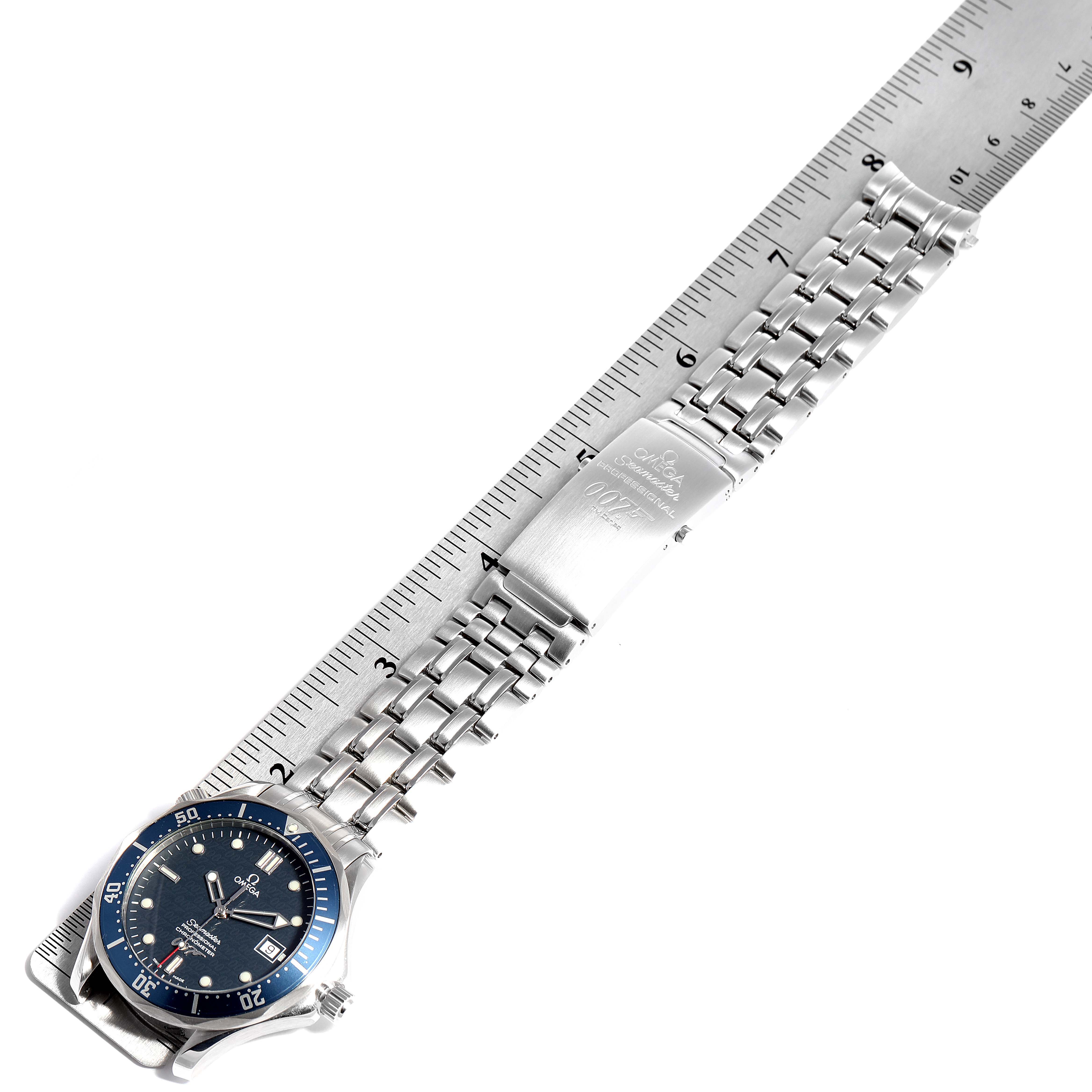 The image shows an Omega Seamaster 2537.80.00 Men
s Stainless Steel Blue Dial 2537.80.00 Men
s Stainless Steel Blue Dial watch from a top-down angle, highlighting the dial, bezel, bracelet, and clasp.