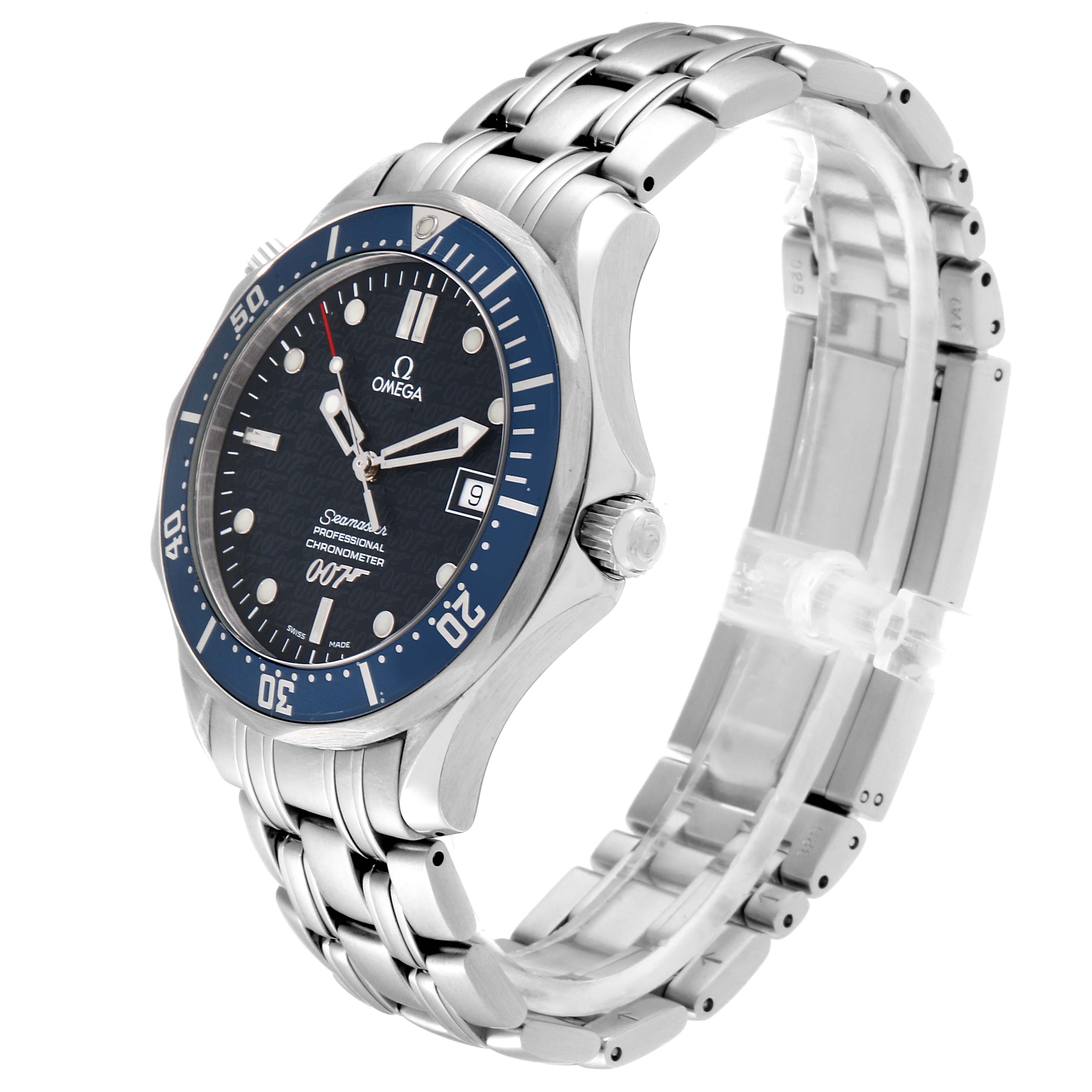 The image shows a side angle view of an Omega Seamaster 2537.80.00 Men
s Stainless Steel Blue Dial 2537.80.00 Men
s Stainless Steel Blue Dial watch, highlighting its dial, bezel, crown, and metal bracelet.