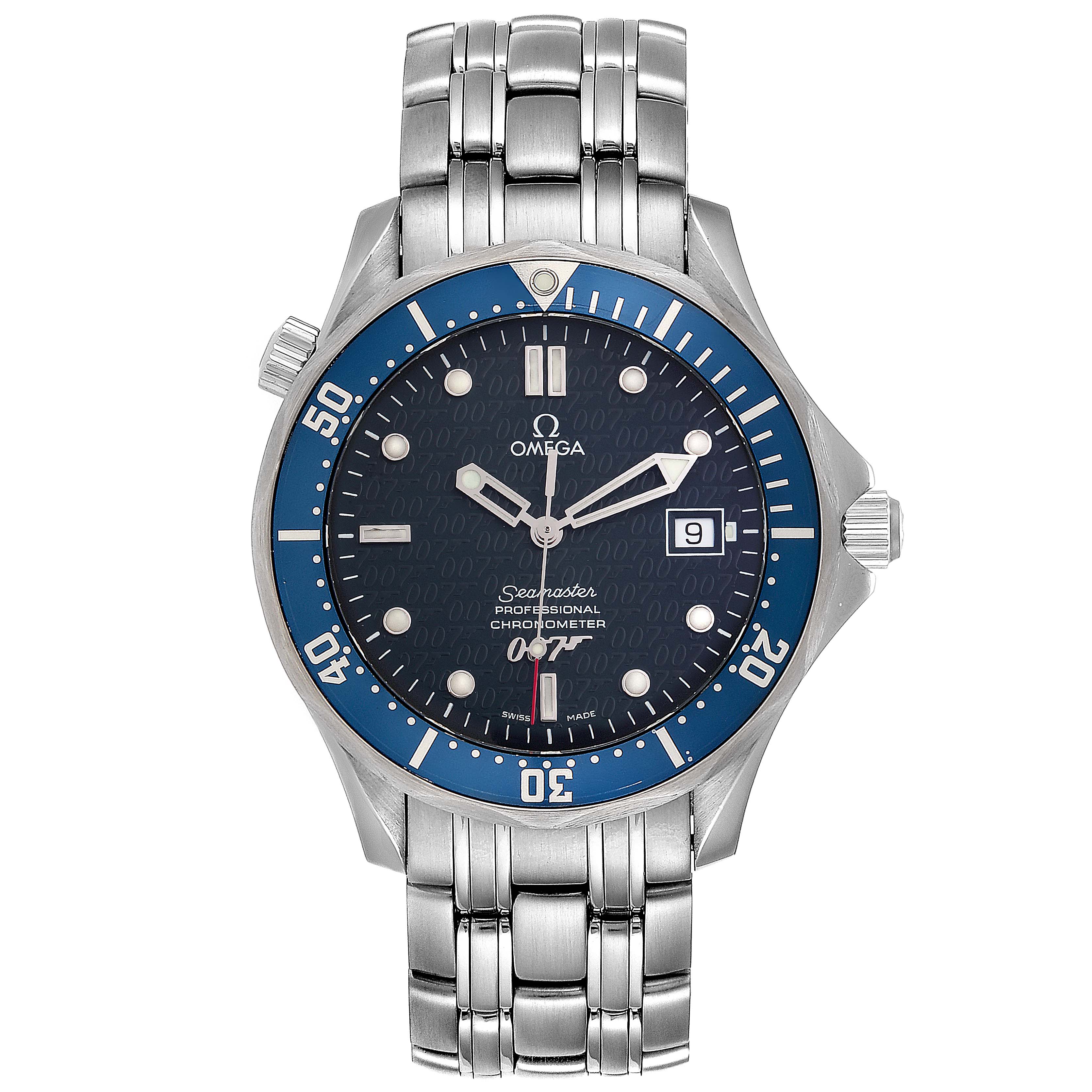 This image shows a front-facing view of an Omega Seamaster 2537.80.00 Men
s Stainless Steel Blue Dial 2537.80.00 Men
s Stainless Steel Blue Dial watch, displaying its face, bezel, crown, and bracelet.