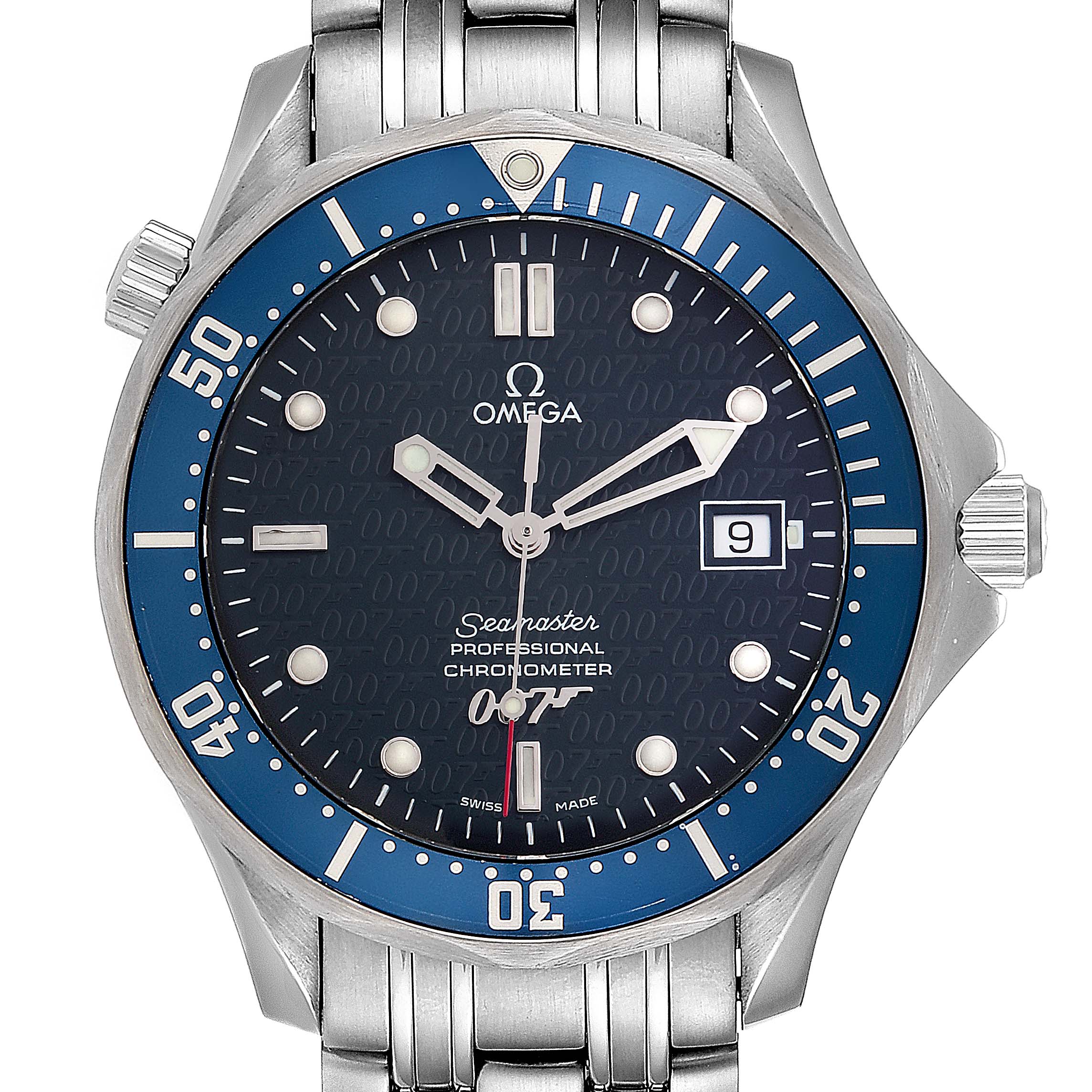 This image shows a frontal view of an Omega Seamaster 2537.80.00 Men
s Stainless Steel Blue Dial 2537.80.00 Men
s Stainless Steel Blue Dial watch, highlighting the dial, bezel, hands, date display, and part of the bracelet.
