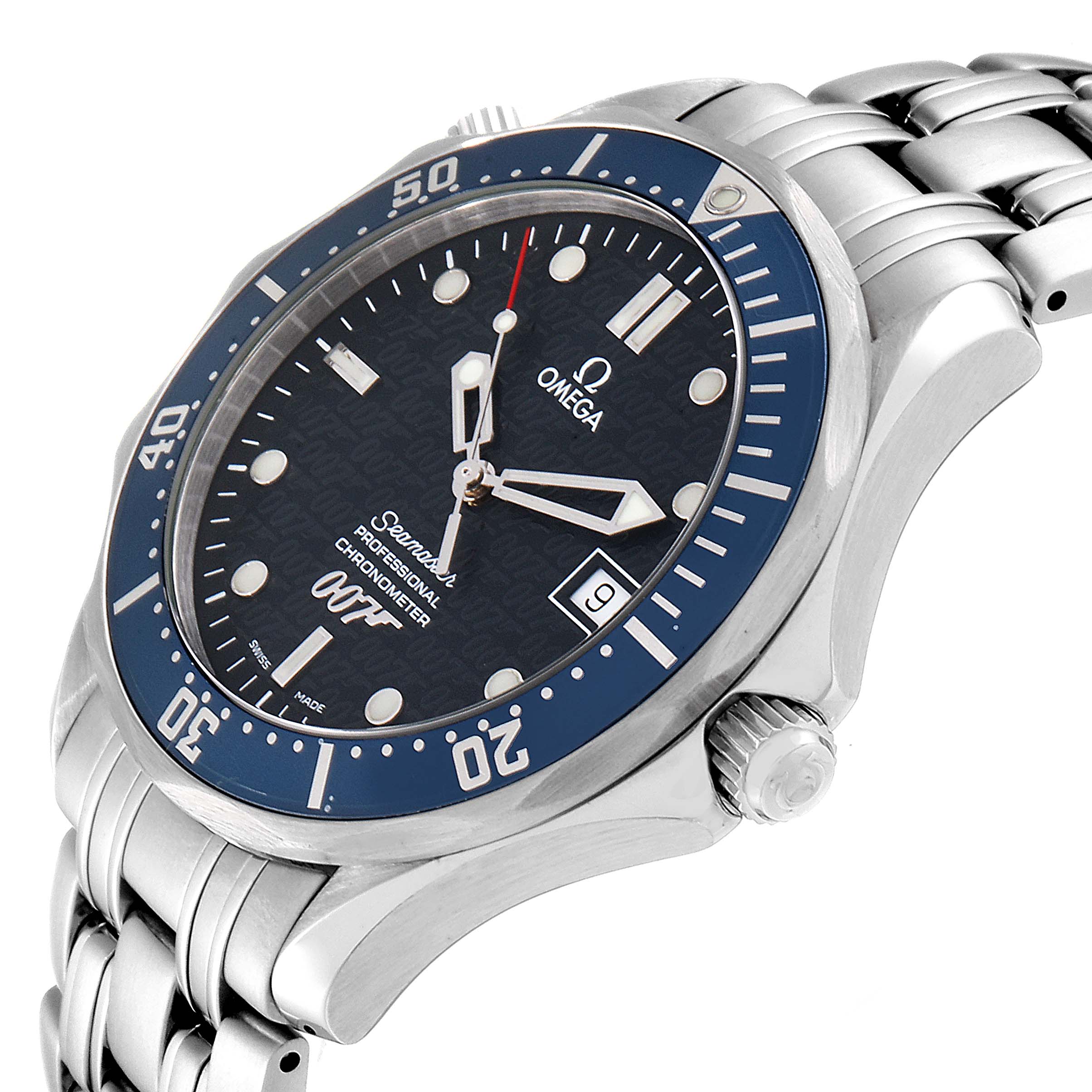The image shows a side-angle view of the Omega Seamaster 2537.80.00 Men
s Stainless Steel Blue Dial 2537.80.00 Men
s Stainless Steel Blue Dial watch, highlighting its face, bezel, crown, and bracelet.