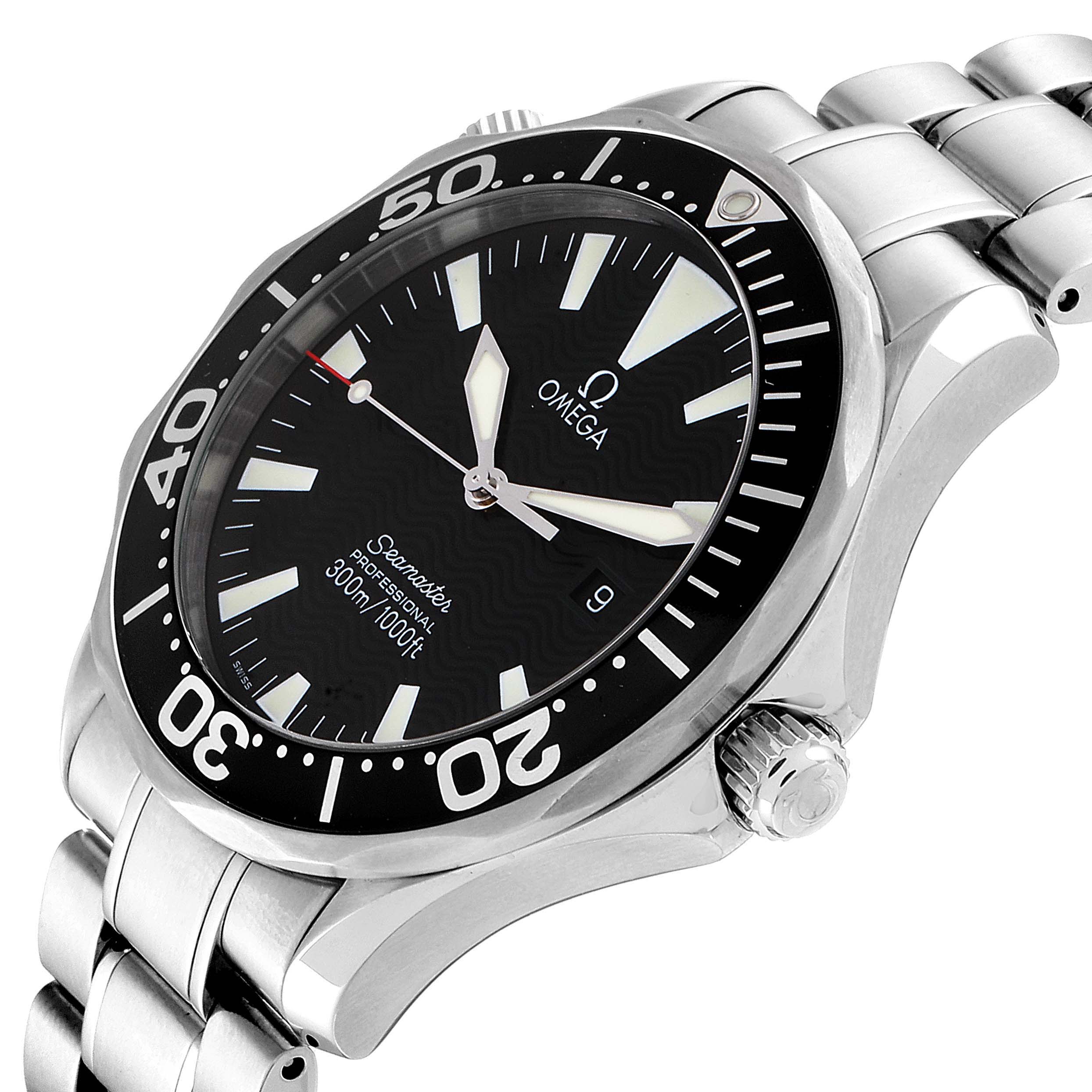 The Omega Seamaster 2264.50.00 Men
s Stainless Steel Black Dial 2264.50.00 Men
s Stainless Steel Black Dial watch is shown at an angle highlighting its face, bezel, crown, and stainless steel bracelet.