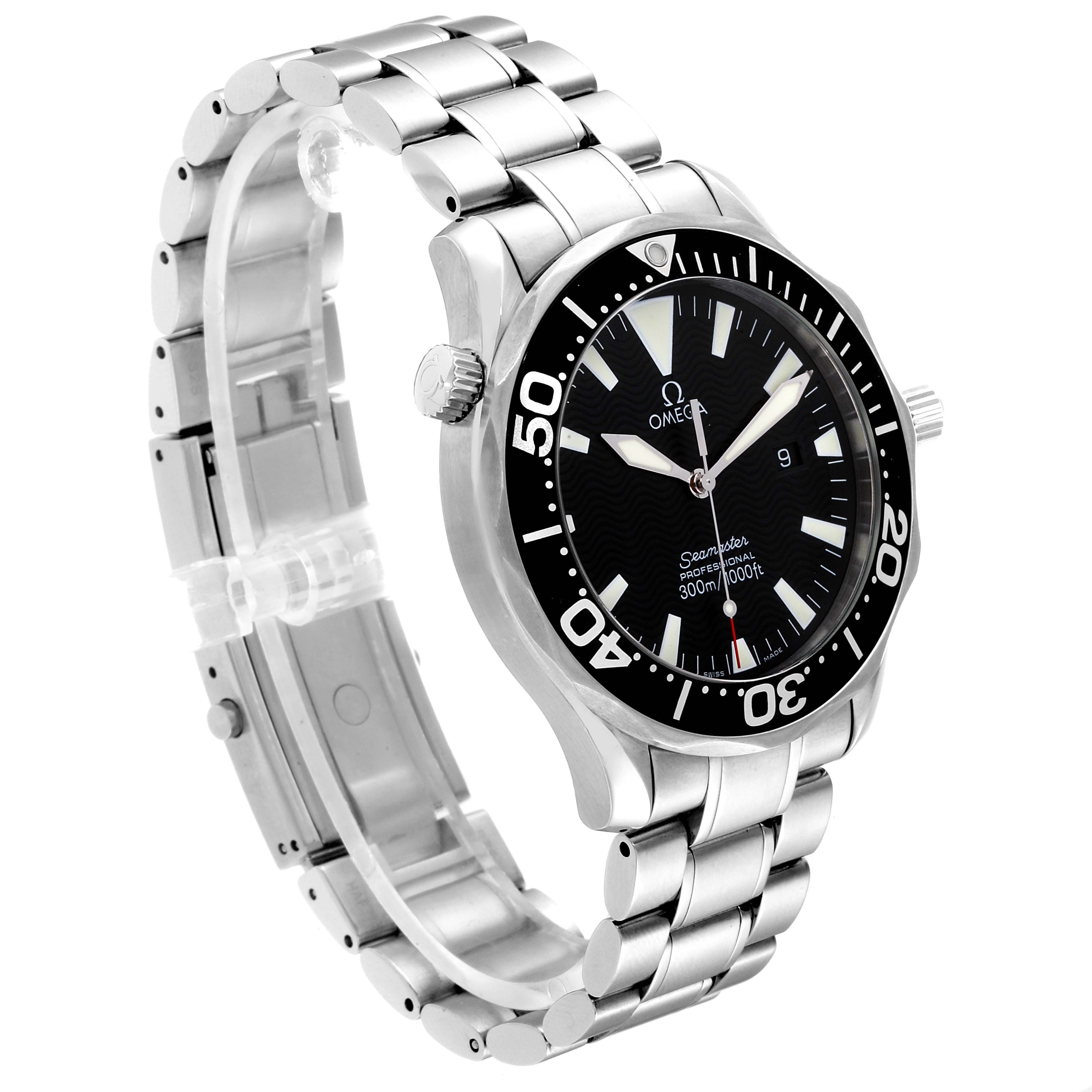 The image shows an Omega Seamaster 2264.50.00 Men
s Stainless Steel Black Dial 2264.50.00 Men
s Stainless Steel Black Dial watch at a three-quarter angle, highlighting its bezel, dial, case, and stainless steel bracelet.