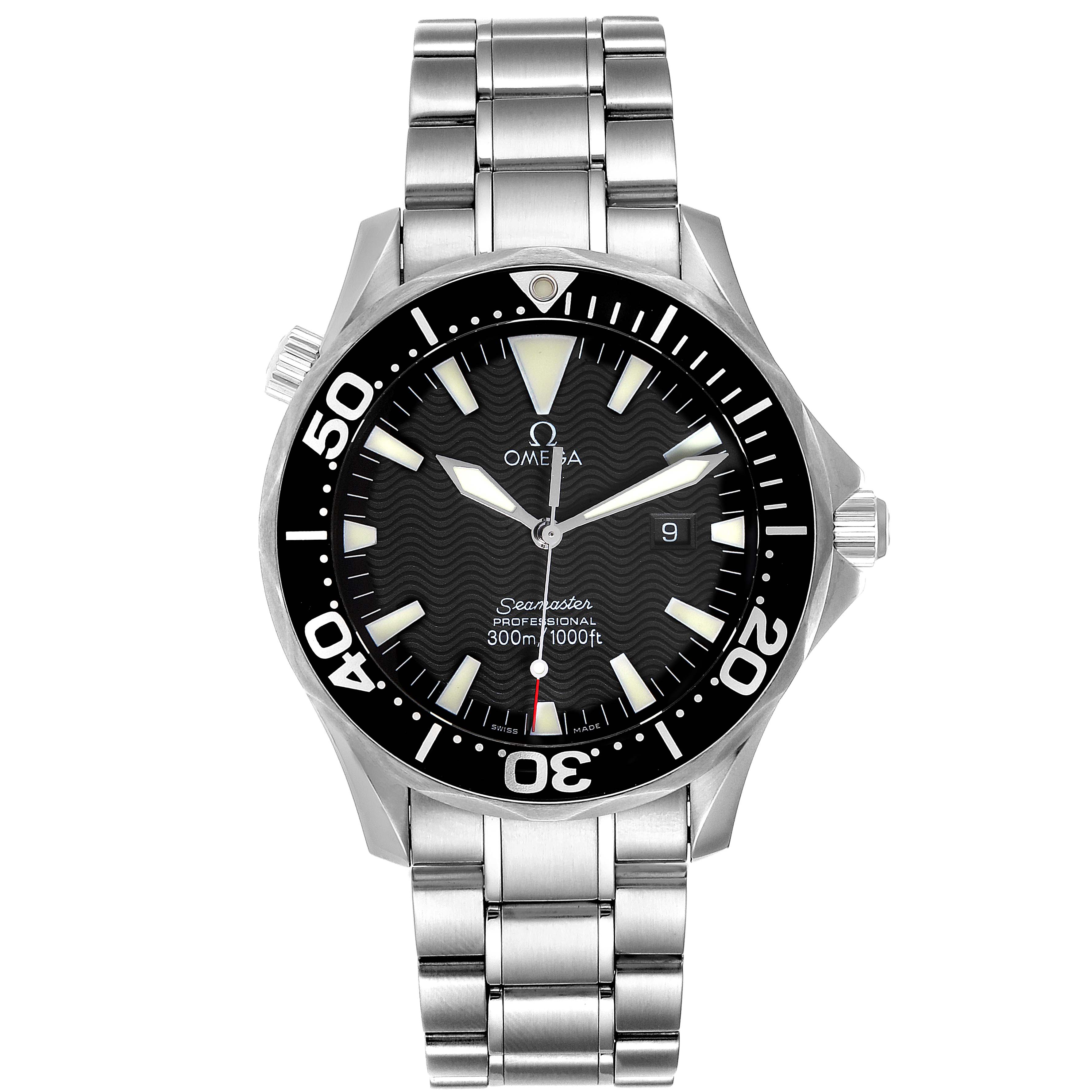 The image shows a frontal view of the Omega Seamaster 2264.50.00 Men
s Stainless Steel Black Dial 2264.50.00 Men
s Stainless Steel Black Dial watch with a stainless steel bracelet.