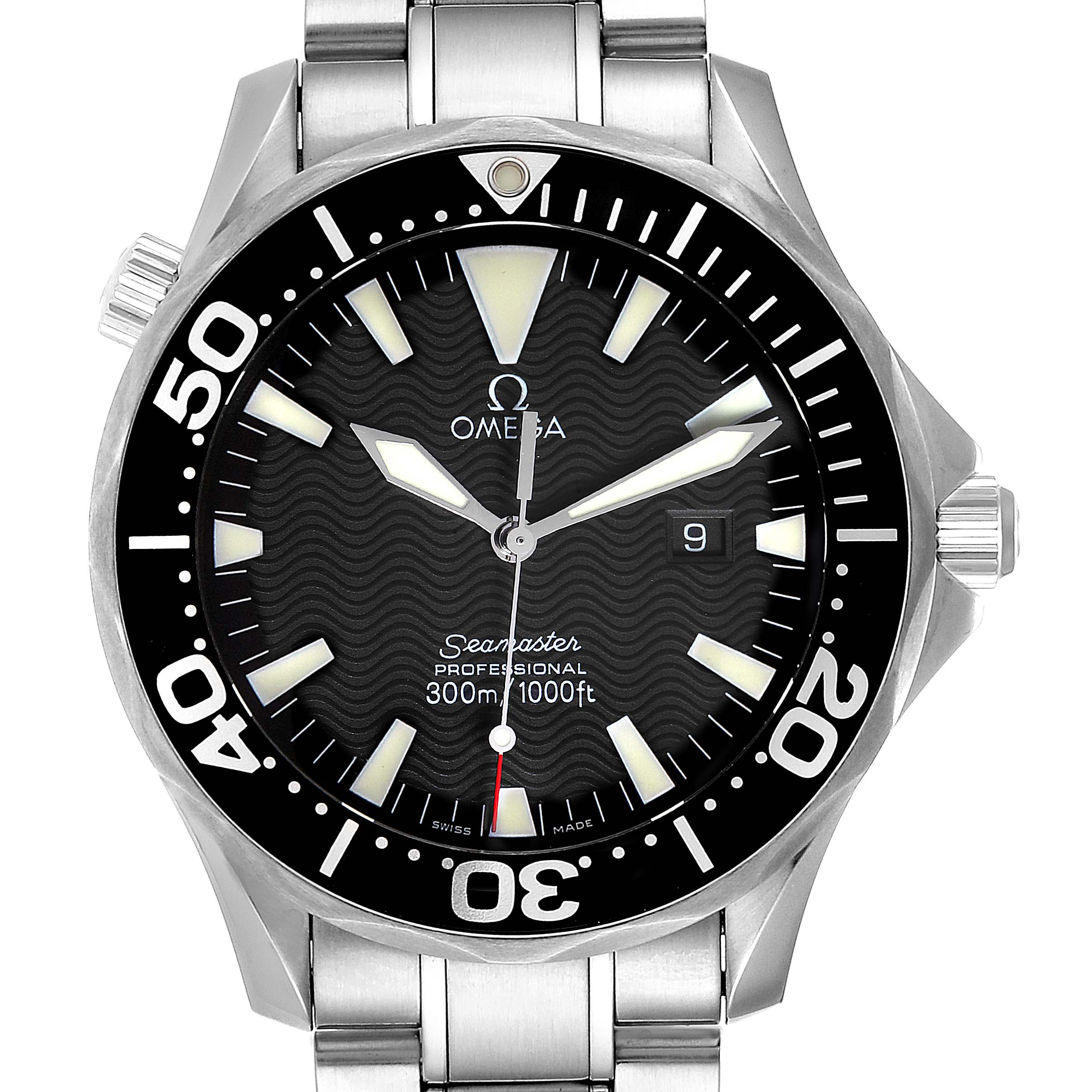 The image shows a front view of the Omega Seamaster 2264.50.00 Men
s Stainless Steel Black Dial 2264.50.00 Men
s Stainless Steel Black Dial watch, highlighting the black dial, bezel, and stainless steel bracelet.