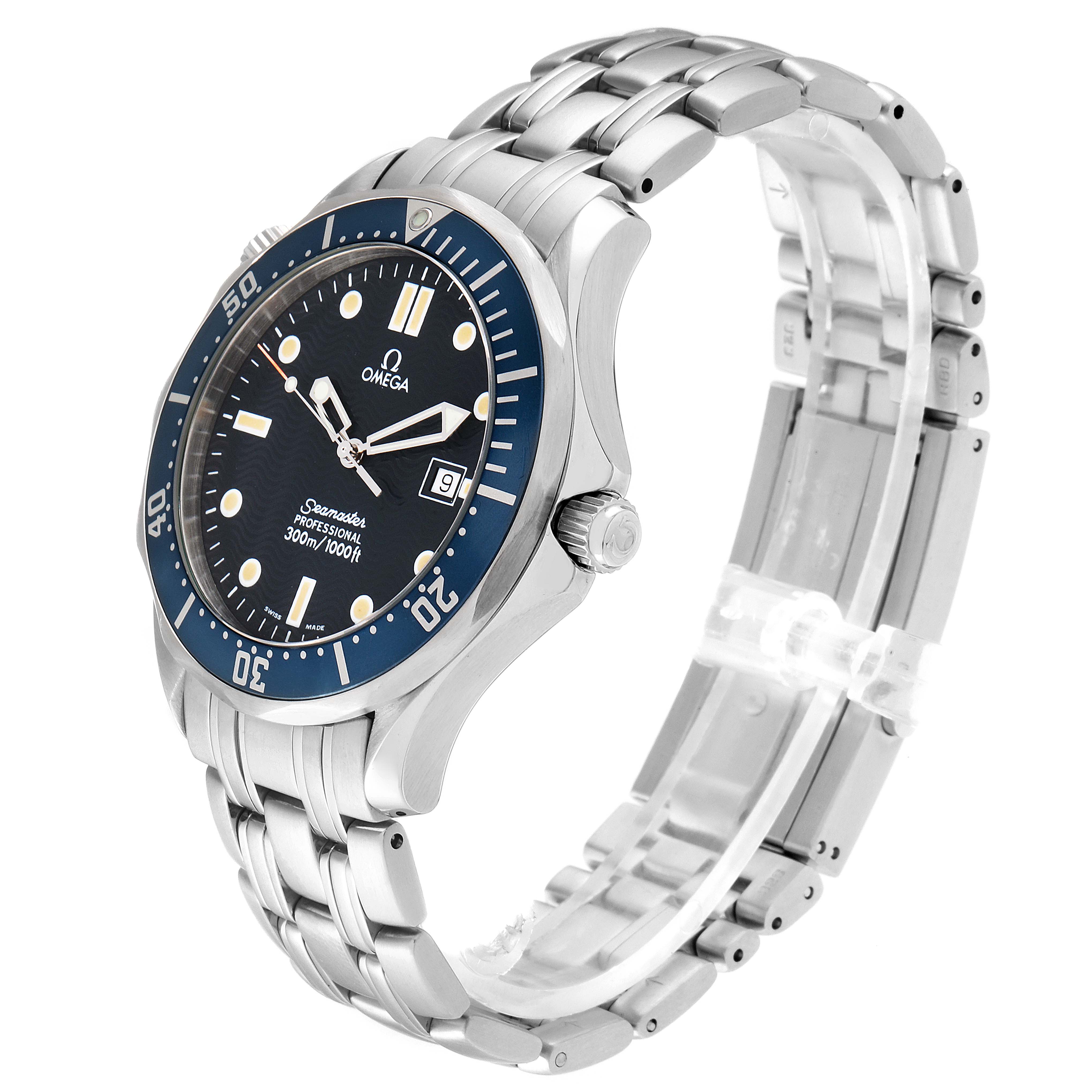 The image shows an Omega Seamaster 2541.80.00 Men
s Stainless Steel Blue Dial 2541.80.00 Men
s Stainless Steel Blue Dial watch at an angled side view, highlighting the case, bracelet, bezel, crown, and dial.