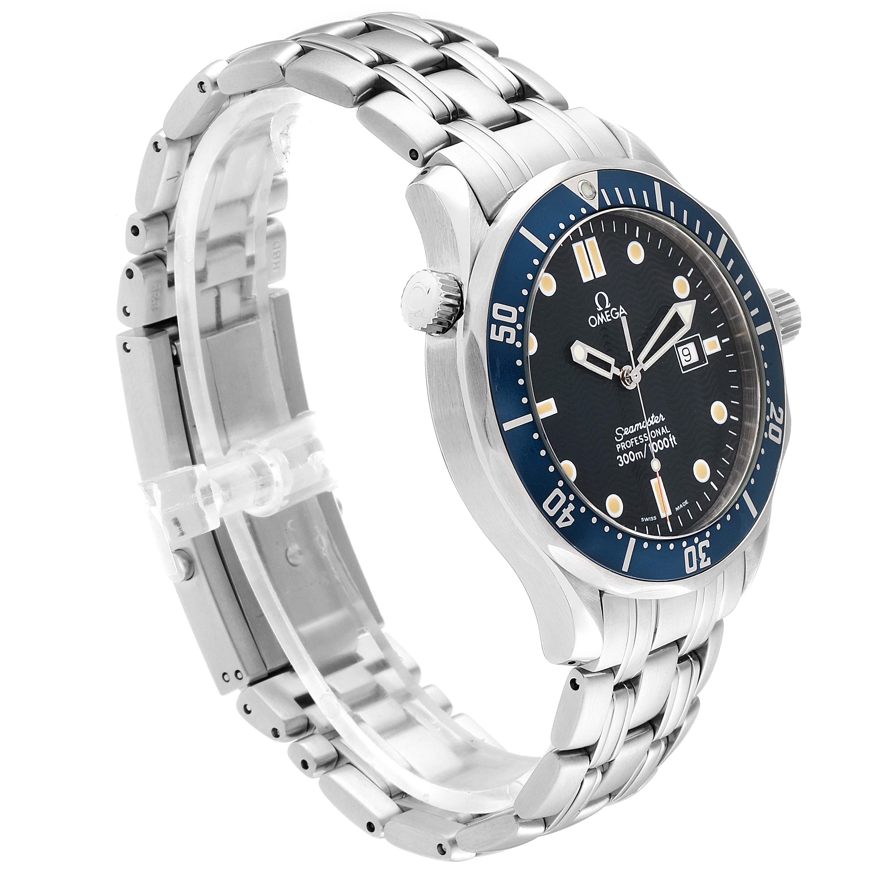 The Omega Seamaster 2541.80.00 Men
s Stainless Steel Blue Dial 2541.80.00 Men
s Stainless Steel Blue Dial watch is shown at a three-quarter angle, displaying the face, bezel, crown, and bracelet.