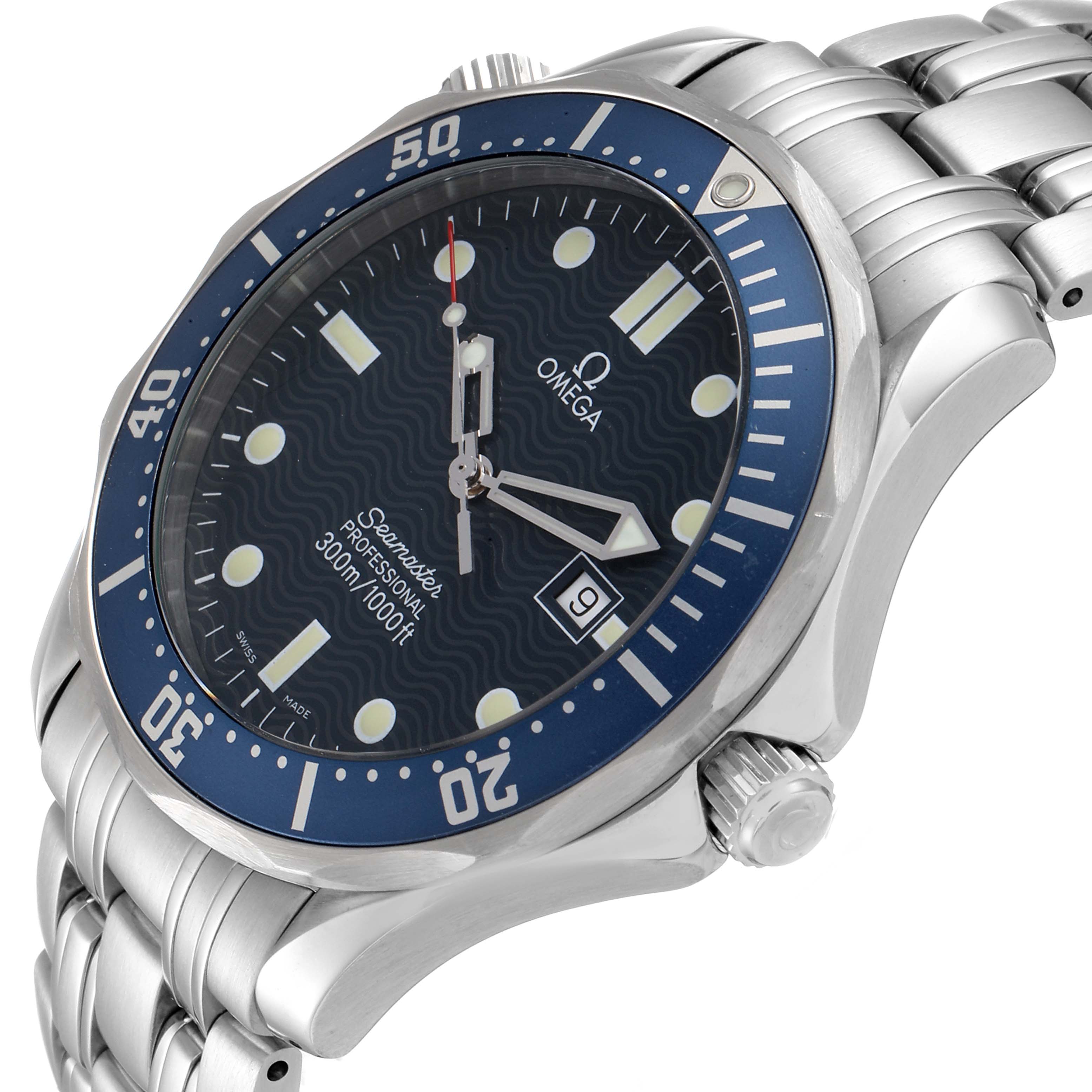 The image shows the Omega Seamaster 2541.80.00 Men's Stainless Steel Blue Dial 2541.80.00 Men's Stainless Steel Blue Dial watch at an angled side view, displaying the face, bezel, and a portion of the bracelet.